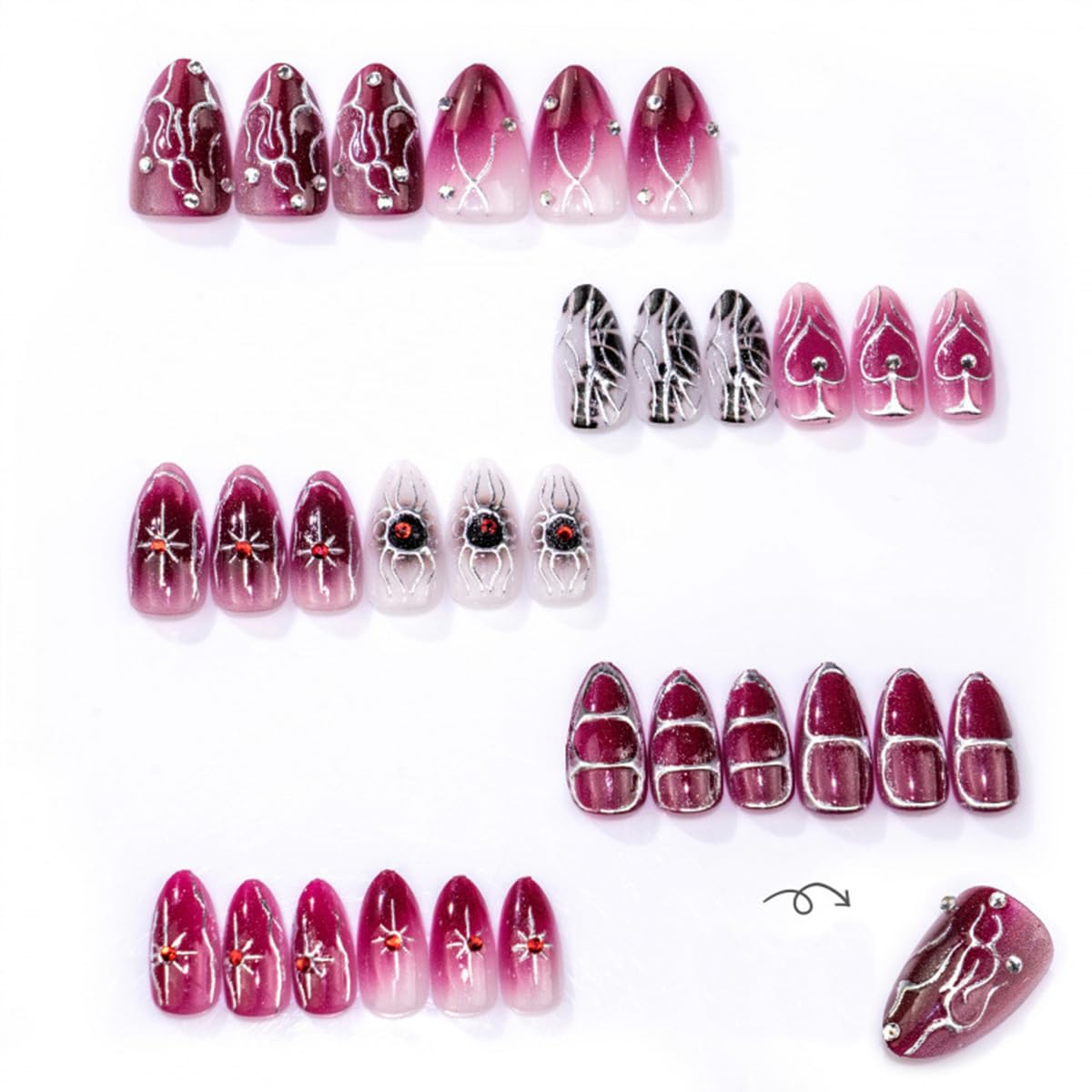 Medium almond dark purple Gothic press-on false nails with silver star rhinestones, glossy acrylic full cover nails, reusable for women.
