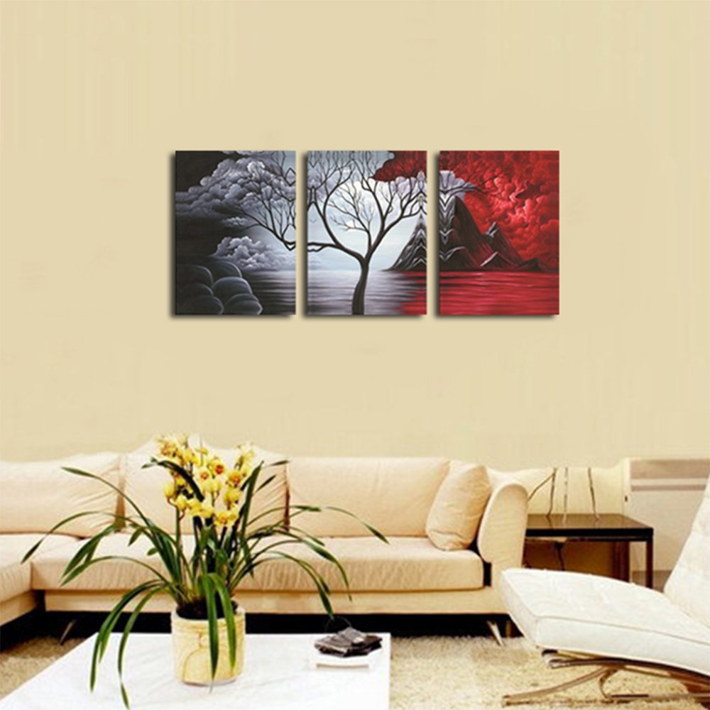 Three-panel modern giclee canvas print of abstract cloud tree artwork by Wieco Art for home decor.