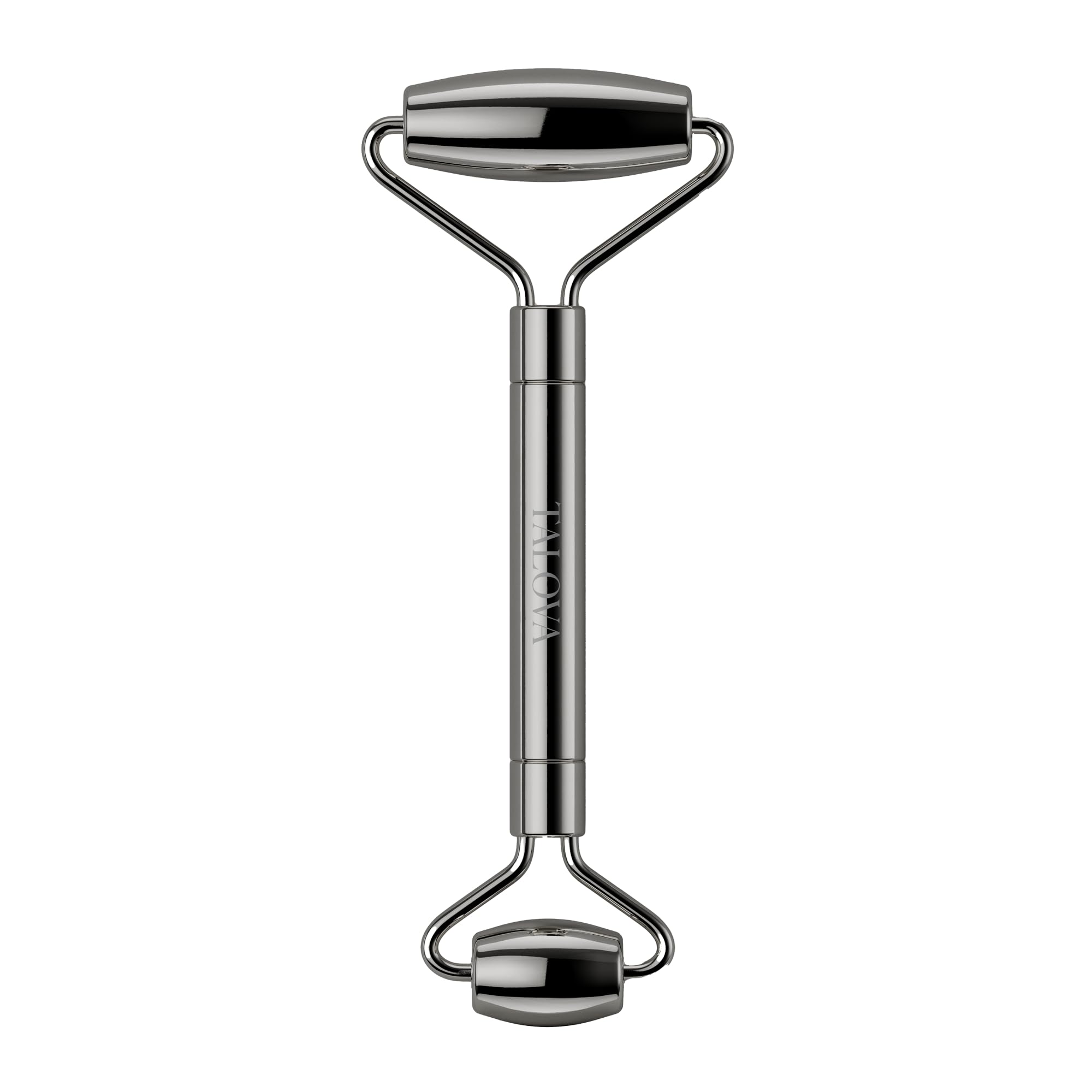 TALOVA stainless steel facial roller massage stick for depuffing and sculpting, with smooth metal surface and ergonomic handle.