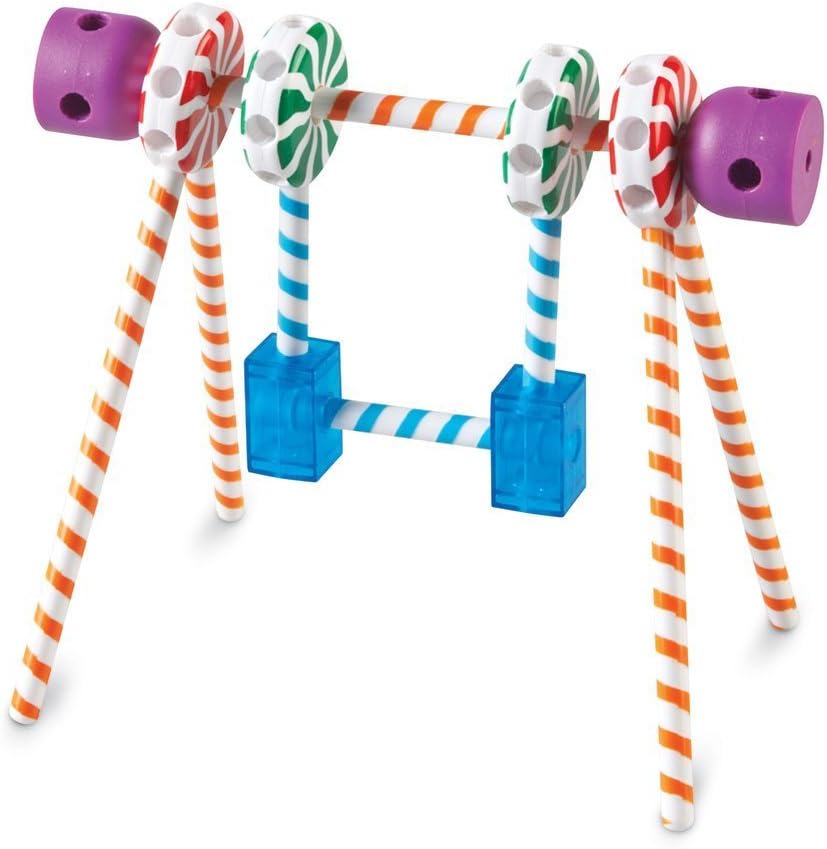 Colorful Learning Resources Candy Construction Building Set with 92 pieces for kids ages 4 and up, featuring candy-shaped building blocks.