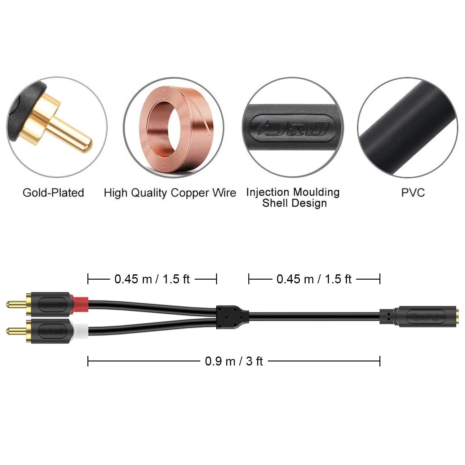 J&D 3.5mm to RCA Stereo Audio Cable, Gold Plated Audiowave Series by J&D - Angle View 4