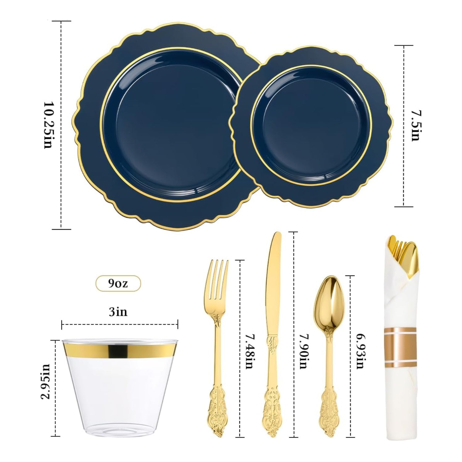 realluck navy blue plastic dinnerware set with 350 pieces, includes plates, bowls, and utensils for 50 guests, elegant and durable