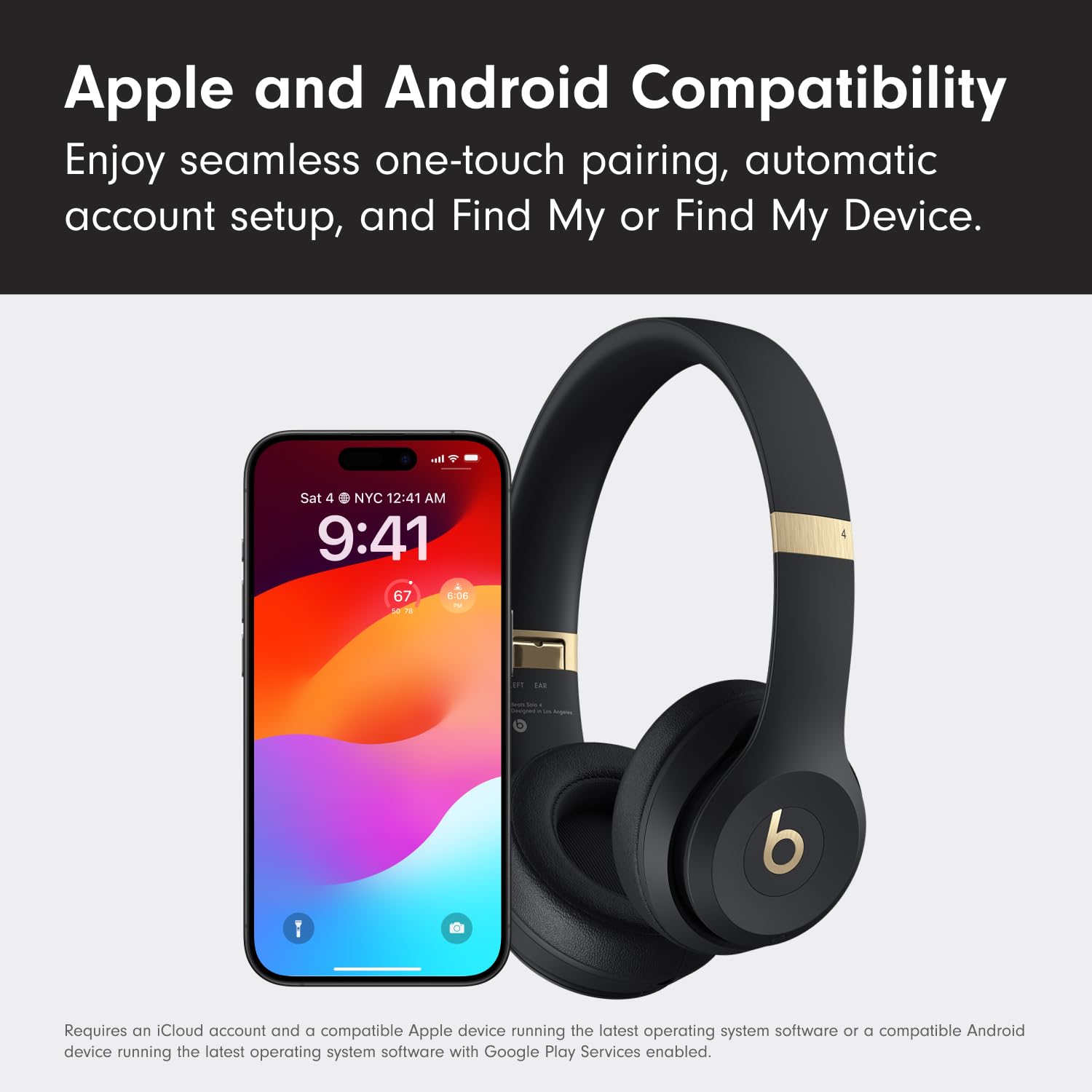 Beats Solo 4 wireless on-ear Bluetooth headphones in black and gold with sleek design and comfortable fit.