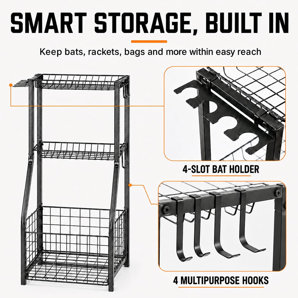 YueTong Garage Sports Organizer with Ball Rack Bat Holder - YueTong Official Imagery - 7