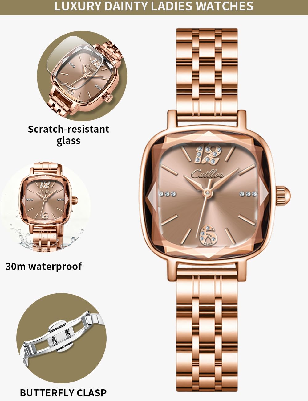 Rose Gold Square Ladies Watches Small Wrists Rectangular - BOGEVNOR Official Imagery - 3
