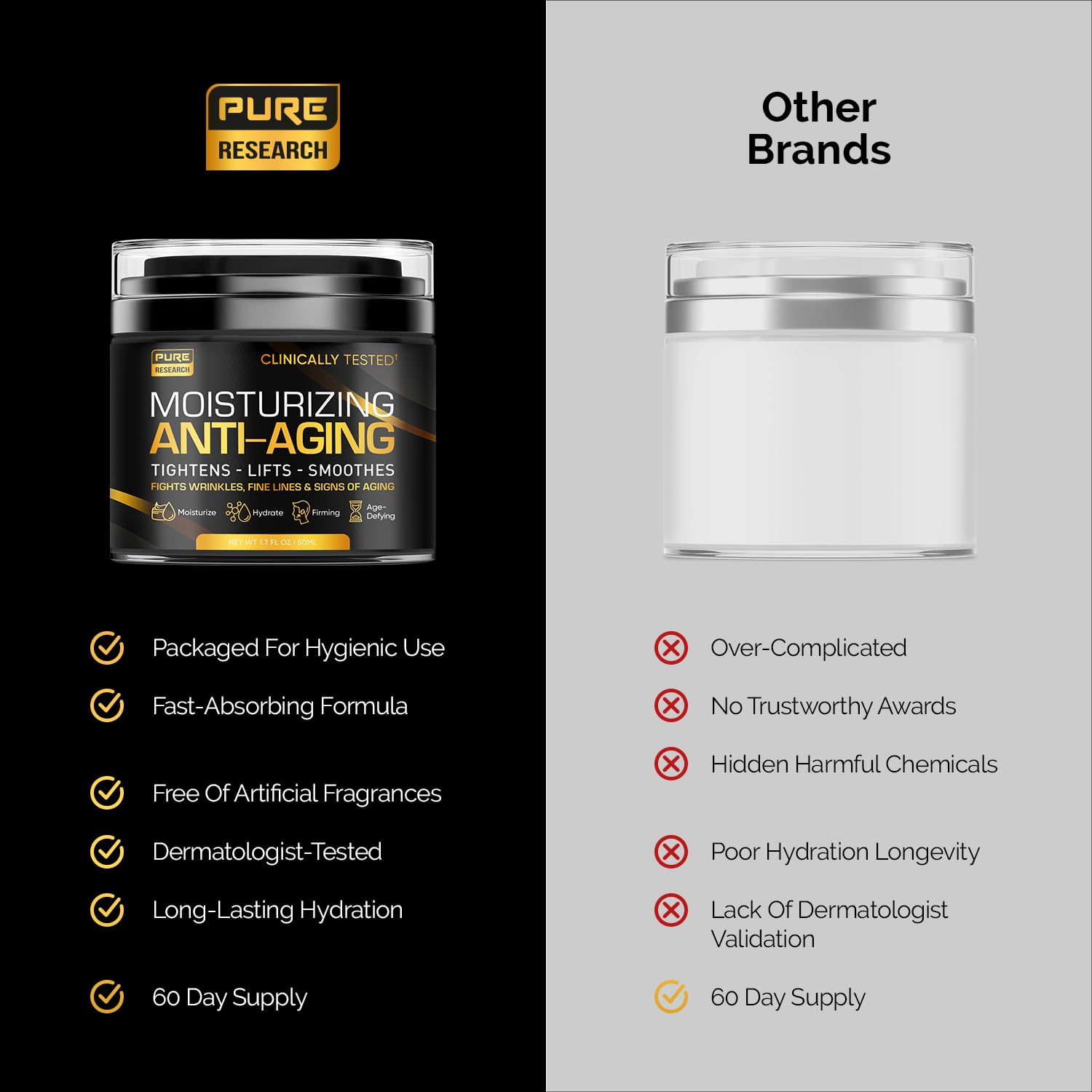 Men's face cream moisturizer by PURE RESEARCH, anti-aging collagen cream for men, showing a jar of skincare product.