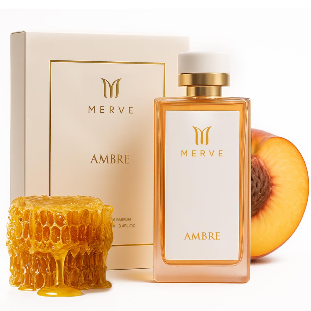 Merve Ambre perfume bottle for women, 3.4 oz, with luxurious amber-colored liquid and elegant packaging visible.