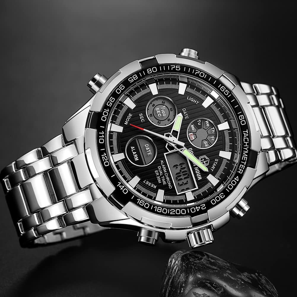 GOLDEN HOUR Men's Sport Analog Digital Watch Silver
