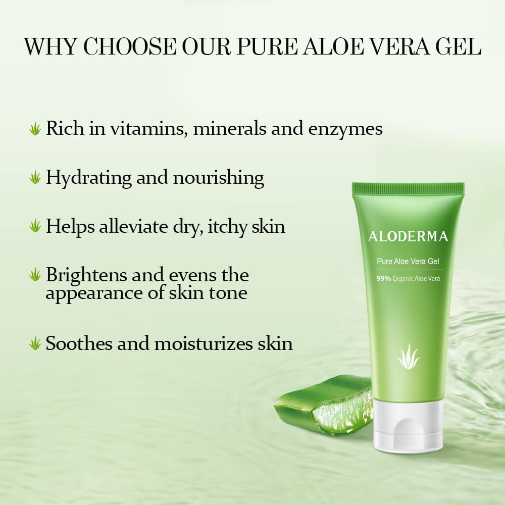Aloderma Organic Aloe Vera Gel 99% pure skin moisturizer in a 4.02 oz tube, featuring clear aloe vera gel inside.