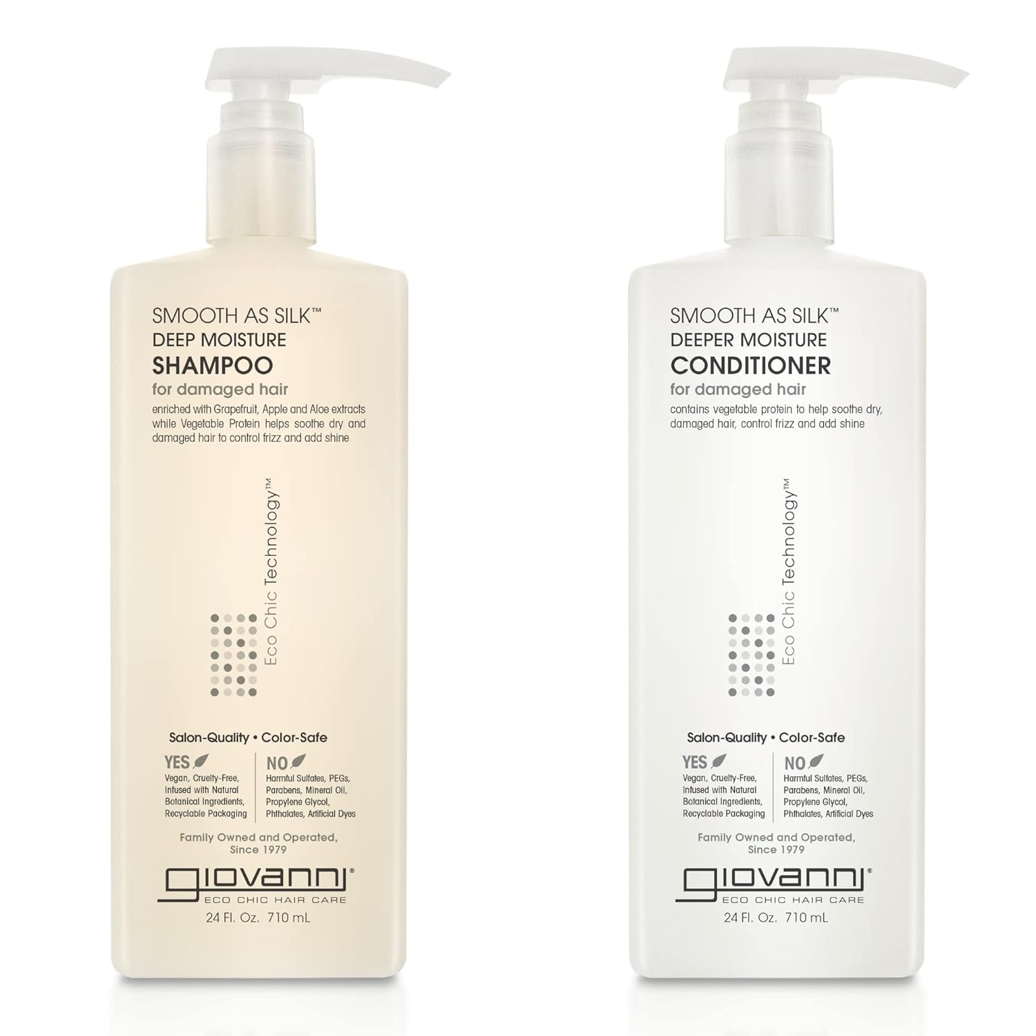 Giovanni Smooth as Silk Deeper Moisture hair care product bottle with label and pump dispenser, designed for deep hydration and smoothing.