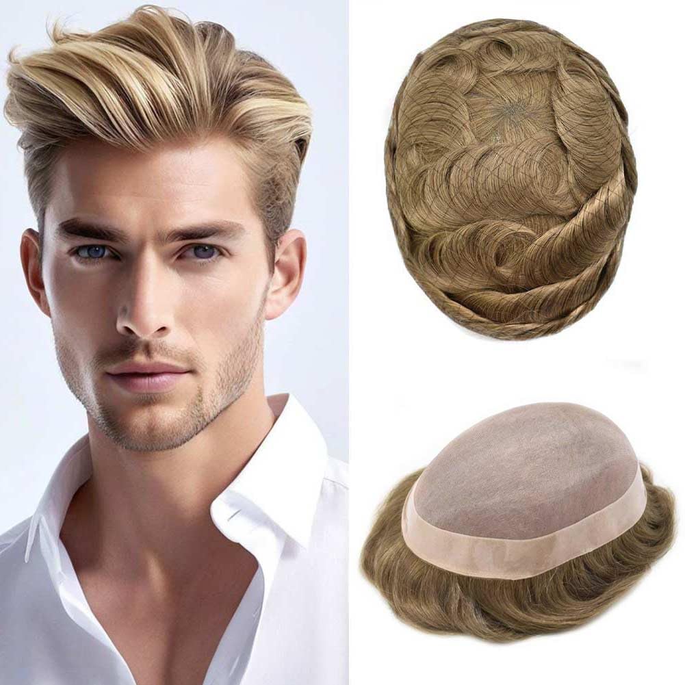 Curve Hair Mens Toupee Human Hair Piece Replacement System Monofilament Wig Hair Unit for Men Durable Poly Coated Mens Hairpiece (#20 Light Ash Blonde, 8"X10")