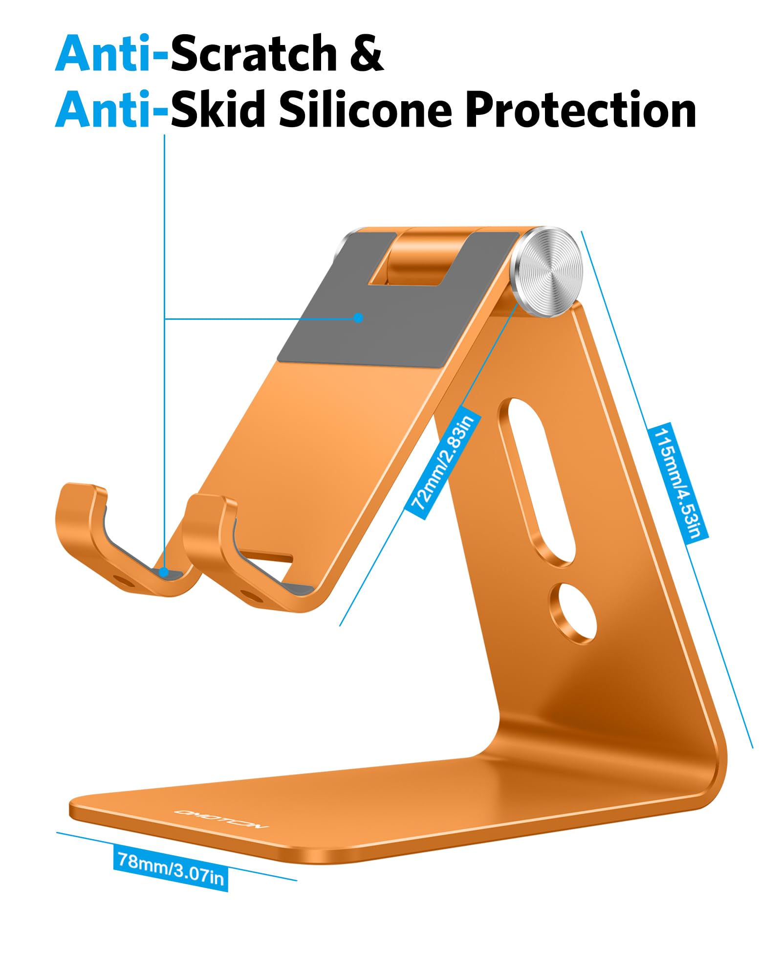 OMOTON Adjustable Cell Phone Stand, Aluminum Desktop Cellphone Stand with Anti-Slip Base and Convenient Charging Port, Fits All Smart Phones, Orange