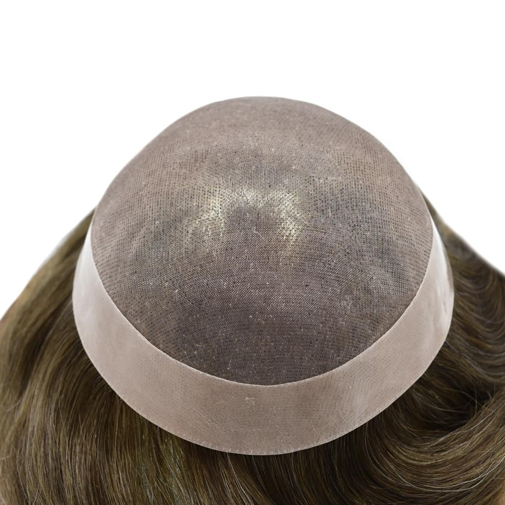 Curve Hair Mens Toupee Human Hair Piece Replacement System Monofilament Wig Hair Unit for Men Durable Poly Coated Mens Hairpiece (#540 Light-Med Brown+40% Gray, 6"X8")