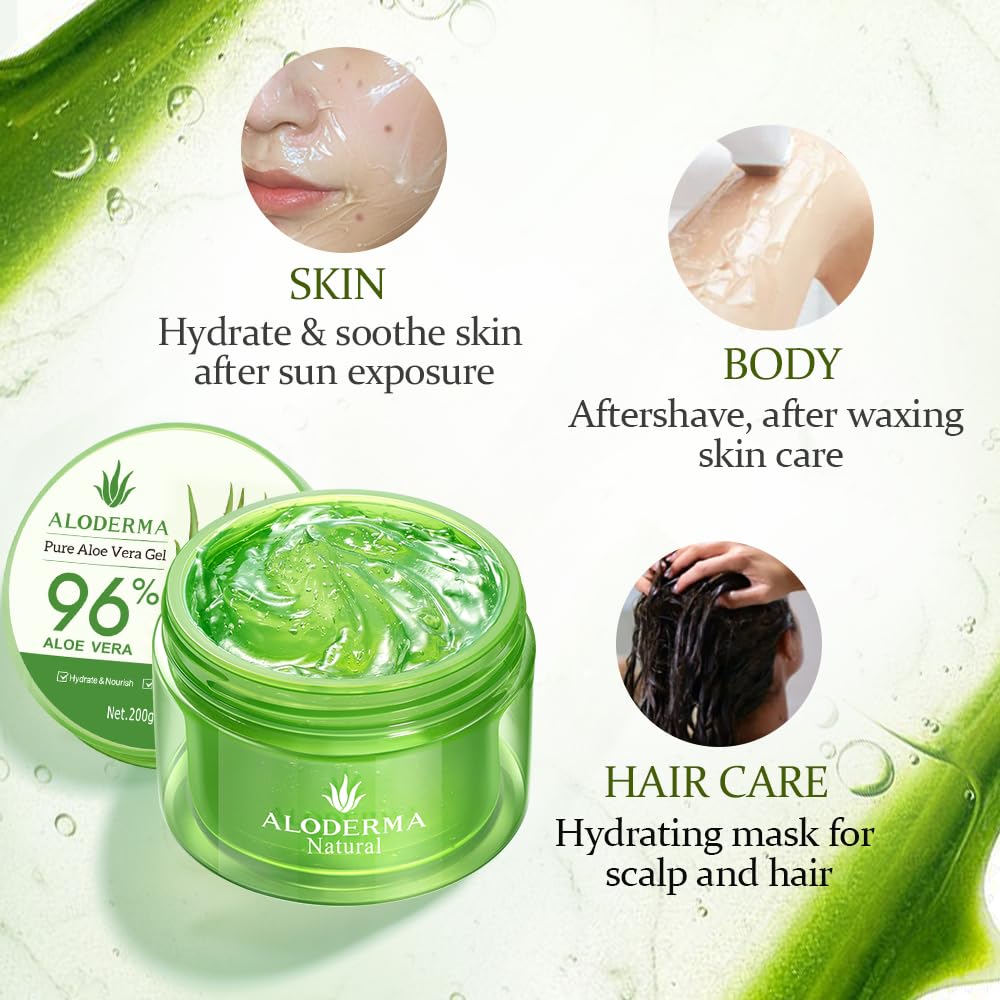 Aloderma Organic Aloe Vera Gel in a 7.05oz jar, moisturizing skin, hair, and scalp with natural aloe vera extract.