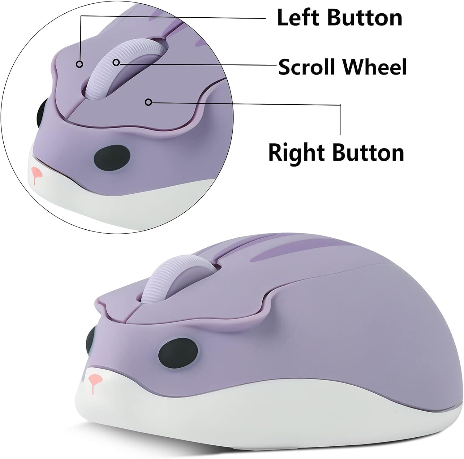 Wireless Mouse Cute Hamster Shape Less Noice Portable Mobile Optical 1200DPI USB Mice Cordless Mouse for PC Laptop Computer Notebook MacBook Kids Girl Boy Men Women Adults School Office Gift (Purple)