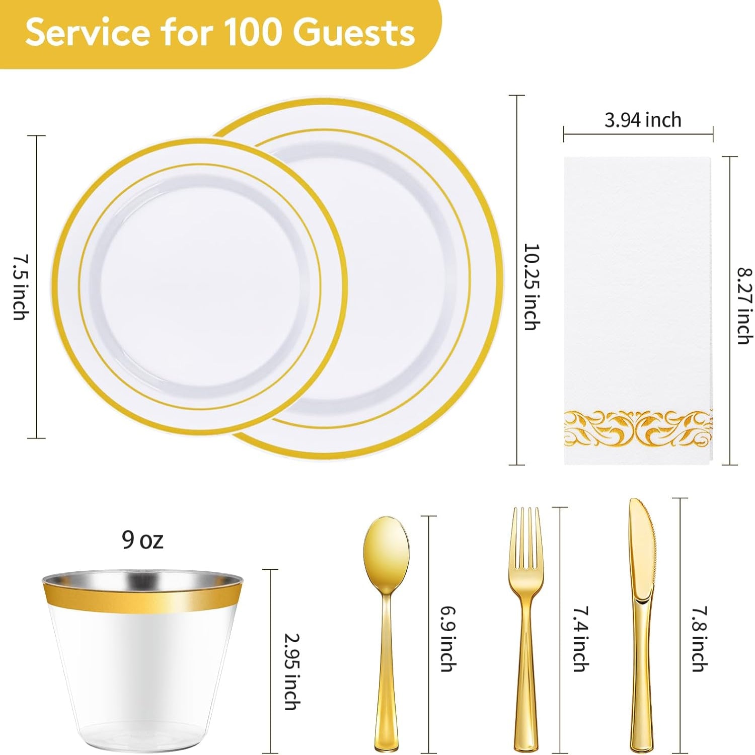 Goodluck 700-piece gold disposable dinnerware set for 100 guests, including plates, cups, and utensils for parties.