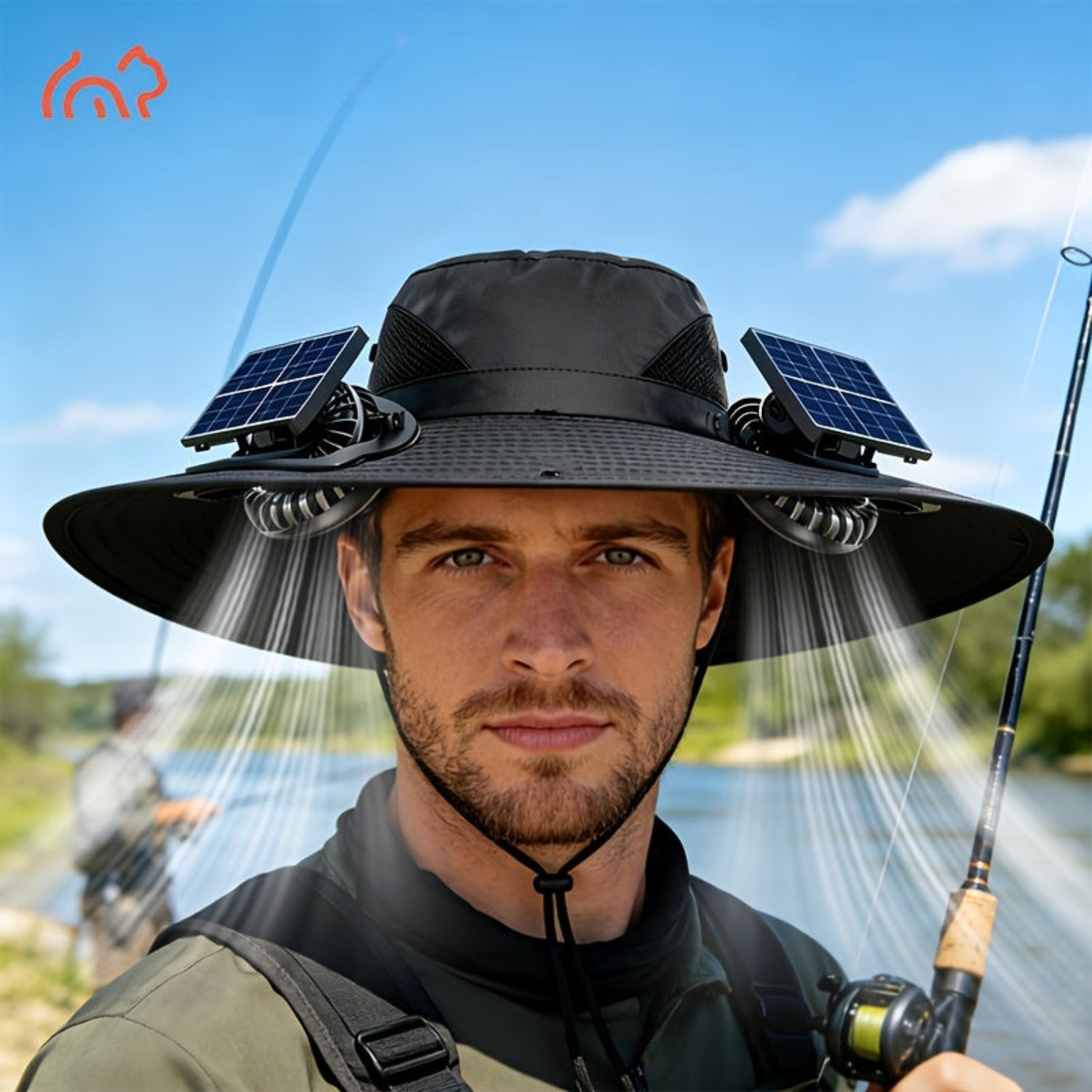 Temu solar-powered dual fan sunshade hat with adjustable straps, USB rechargeable, providing cooling and sun protection.