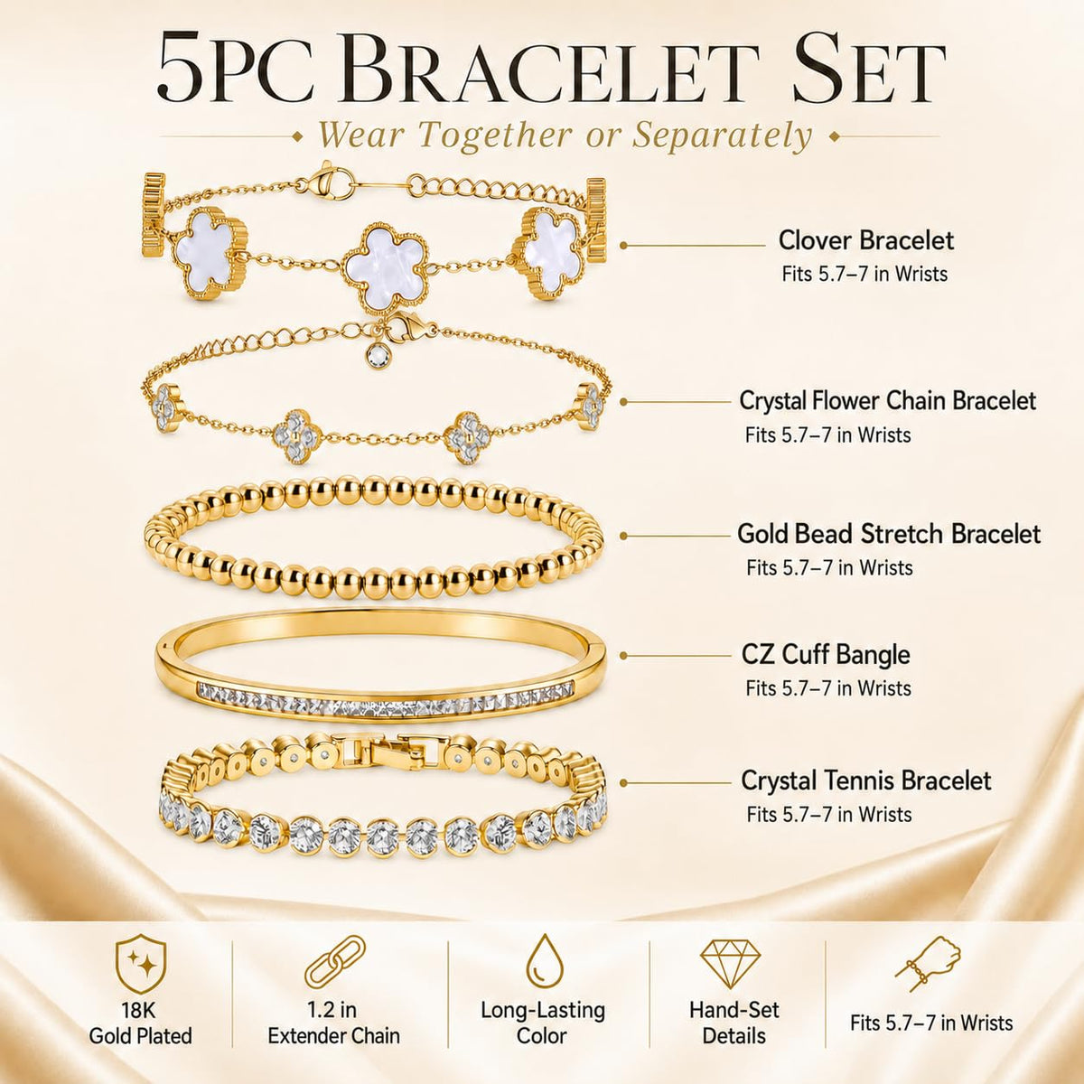 18K Gold Plated Clover Bracelet Set for Women - SLYSZMC Official Imagery - 4