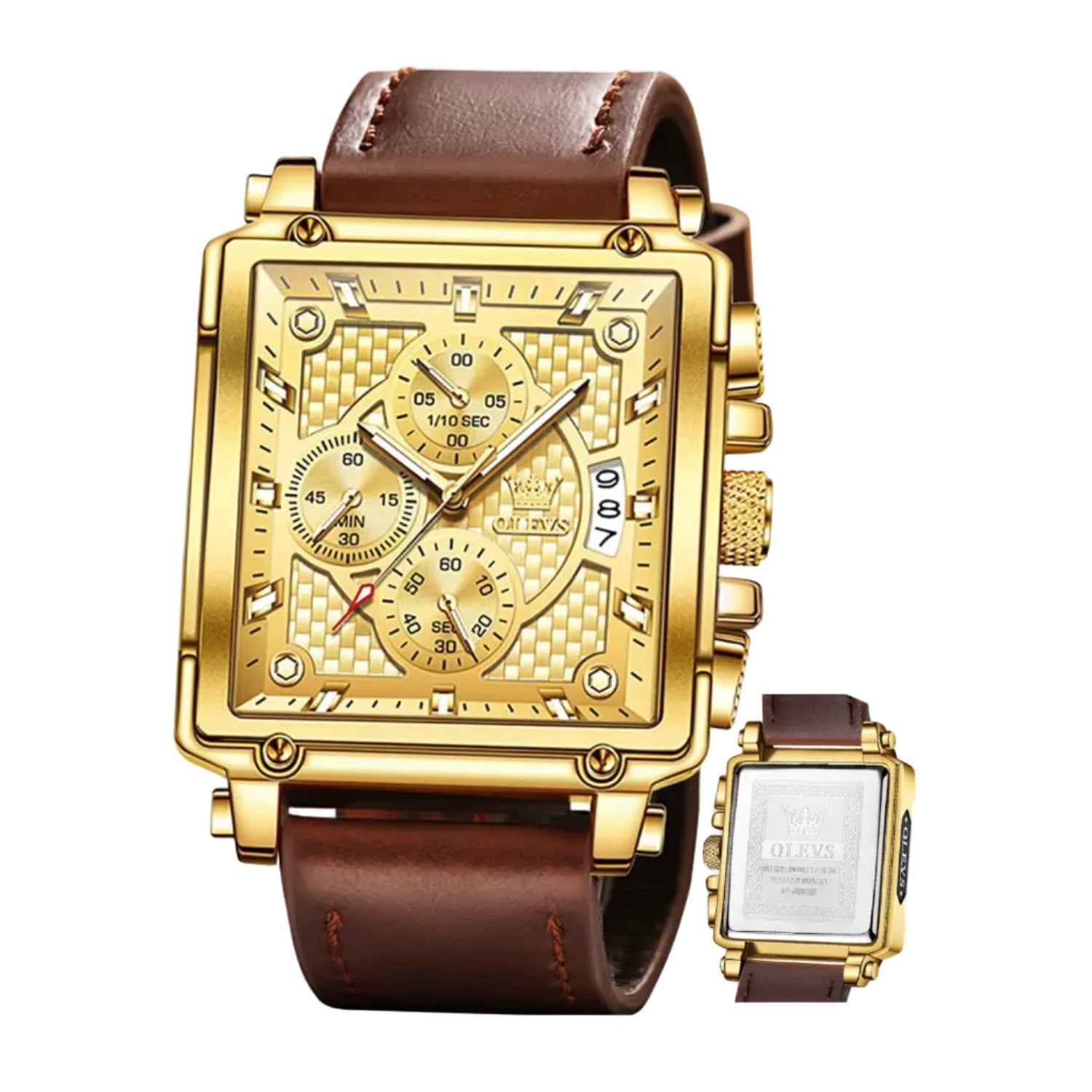 A gold-tone square analog watch with a brown leather strap, shown on a white background with a smaller inset view of the back of the watch case.