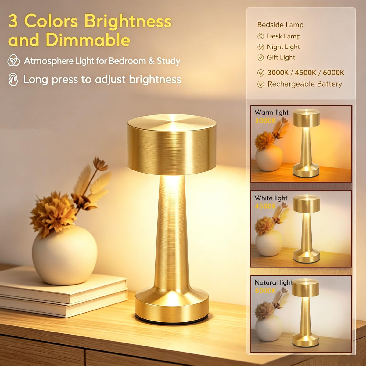 HPUFKOT Portable LED Table Lamp 3 Levels Brightness Metal - HPUFKOT Official Imagery - 4