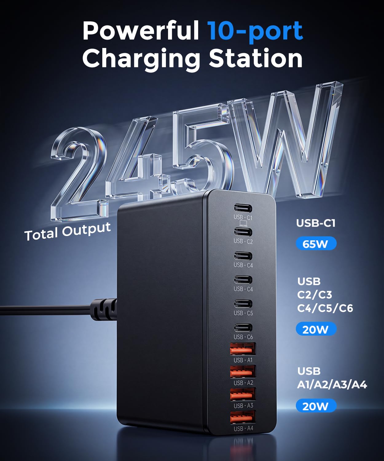 Roruite USB C Charging Station 10 Port with 4 Cables,245W GaN Cha - Roruite Official Product View 2