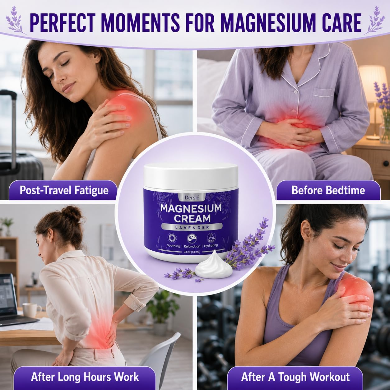 Dersie Magnesium Relief Cream skin moisturizer for joints, legs, and feet in a 4 oz container showing the cream in a jar.