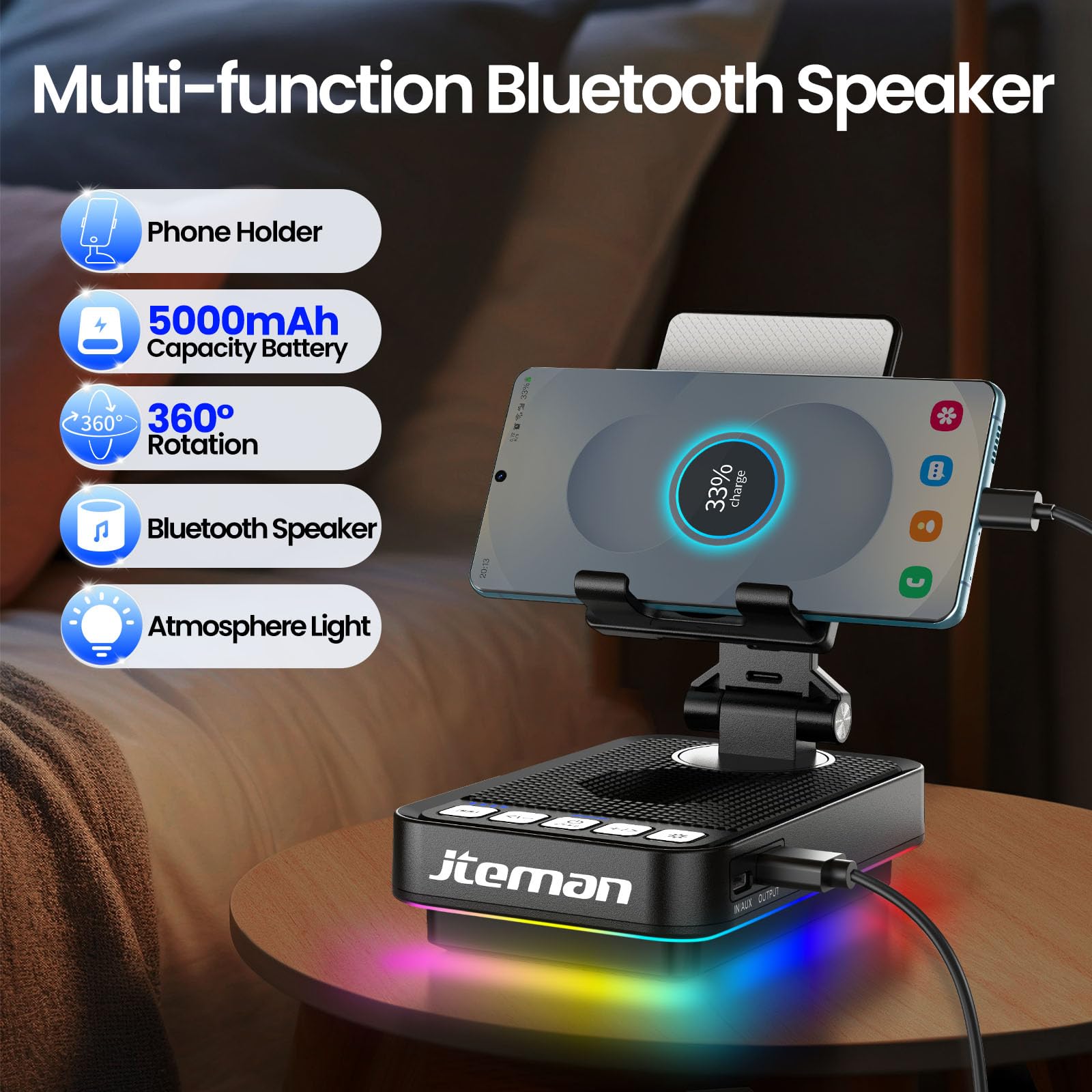 JTEMAN Gifts for Men Women Phone Stand Bluetooth Speaker with Lig - JTEMAN Official Product View 2