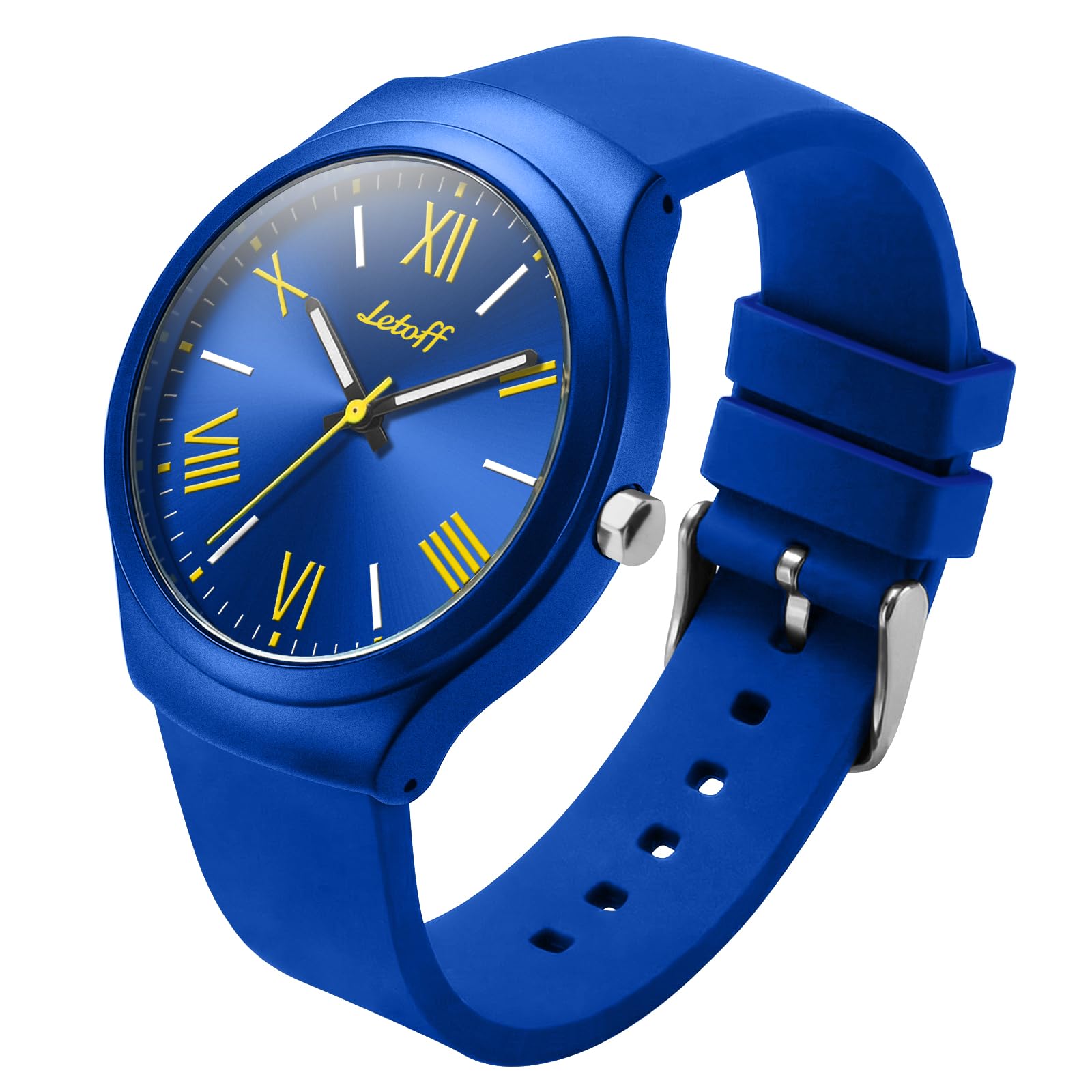 Letoff Blue Silicone Watch for Women/Men, Yellow Roman Numeral - Product Imagery