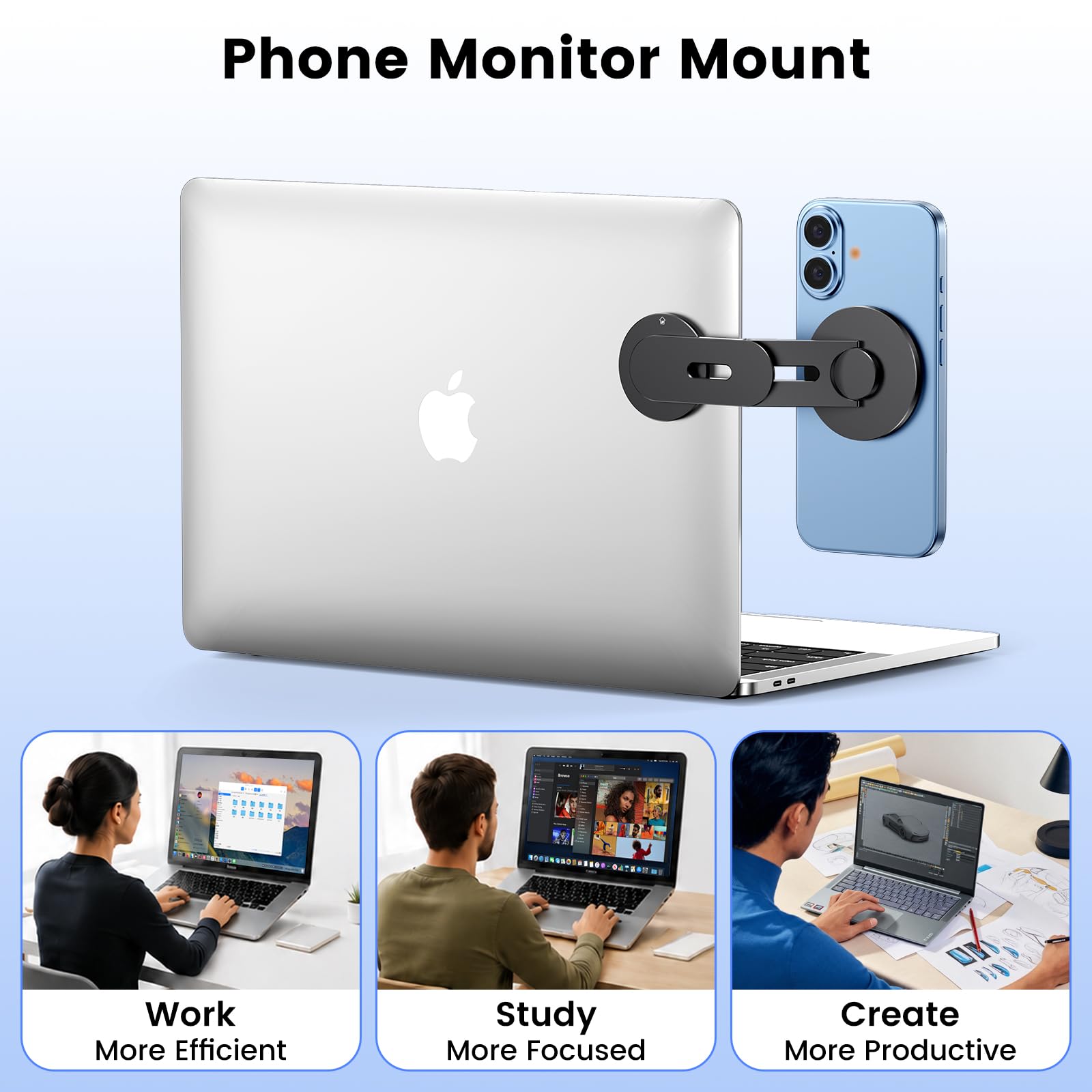 MAGDIGITEH Magnetic Phone Holder for Laptop, MagSafe Laptop Phone Mount for iPhone 17/16/15/14/13/12 & All Phones, 180°Adjustable Phone Side Mount for Monitors for Tesla (Black)