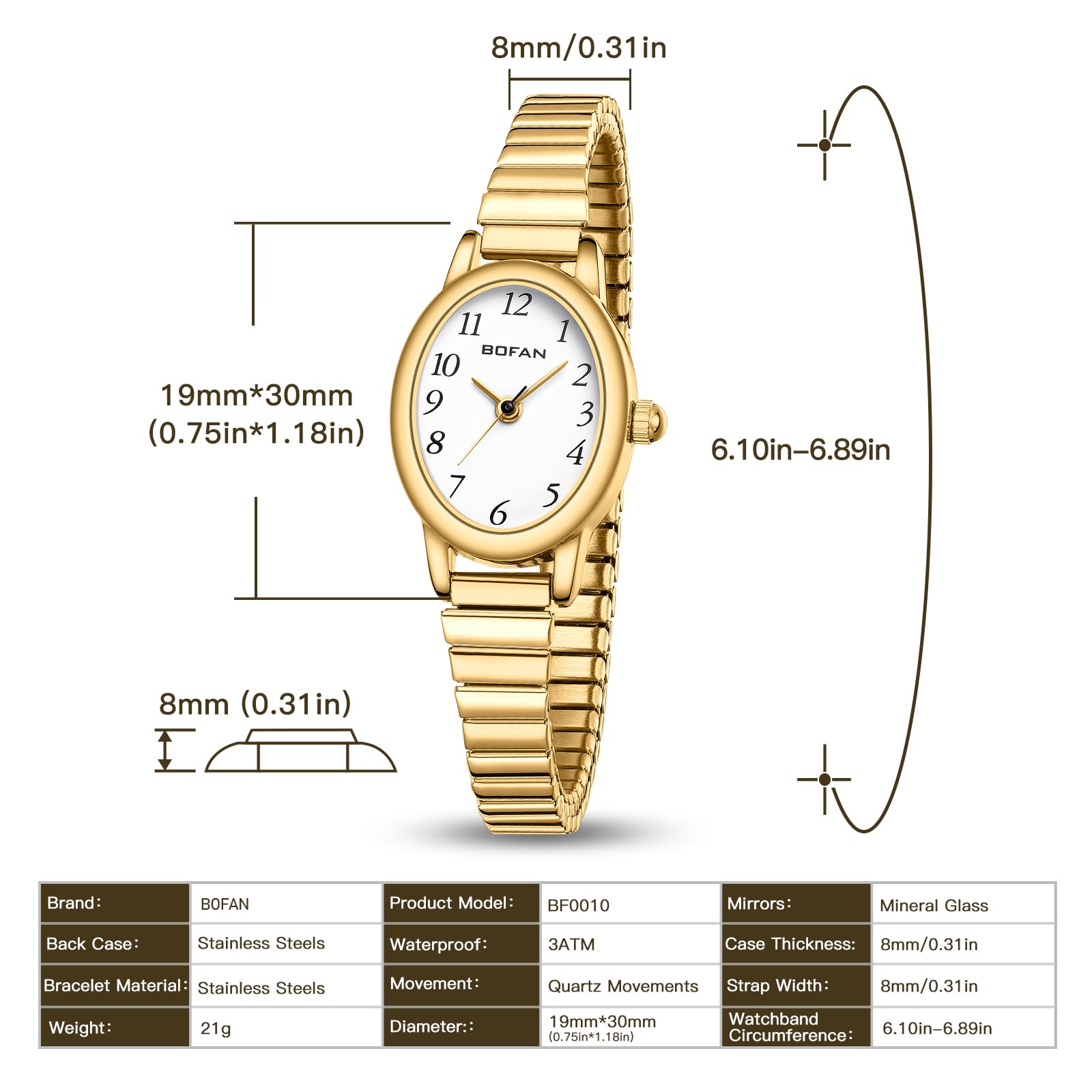 BOFAN Small Gold Watch Women Quartz Steel Band 6.1–6.9in