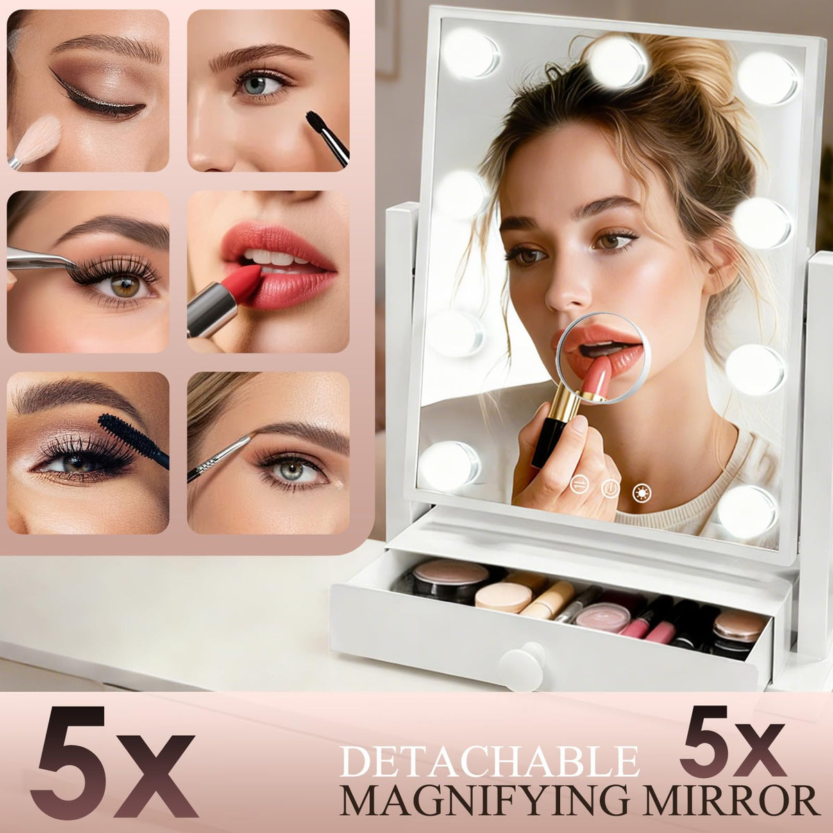 Makeup Mirror with Lights with Drawer Storage Type C and USB - COLMERD Official Imagery - 6