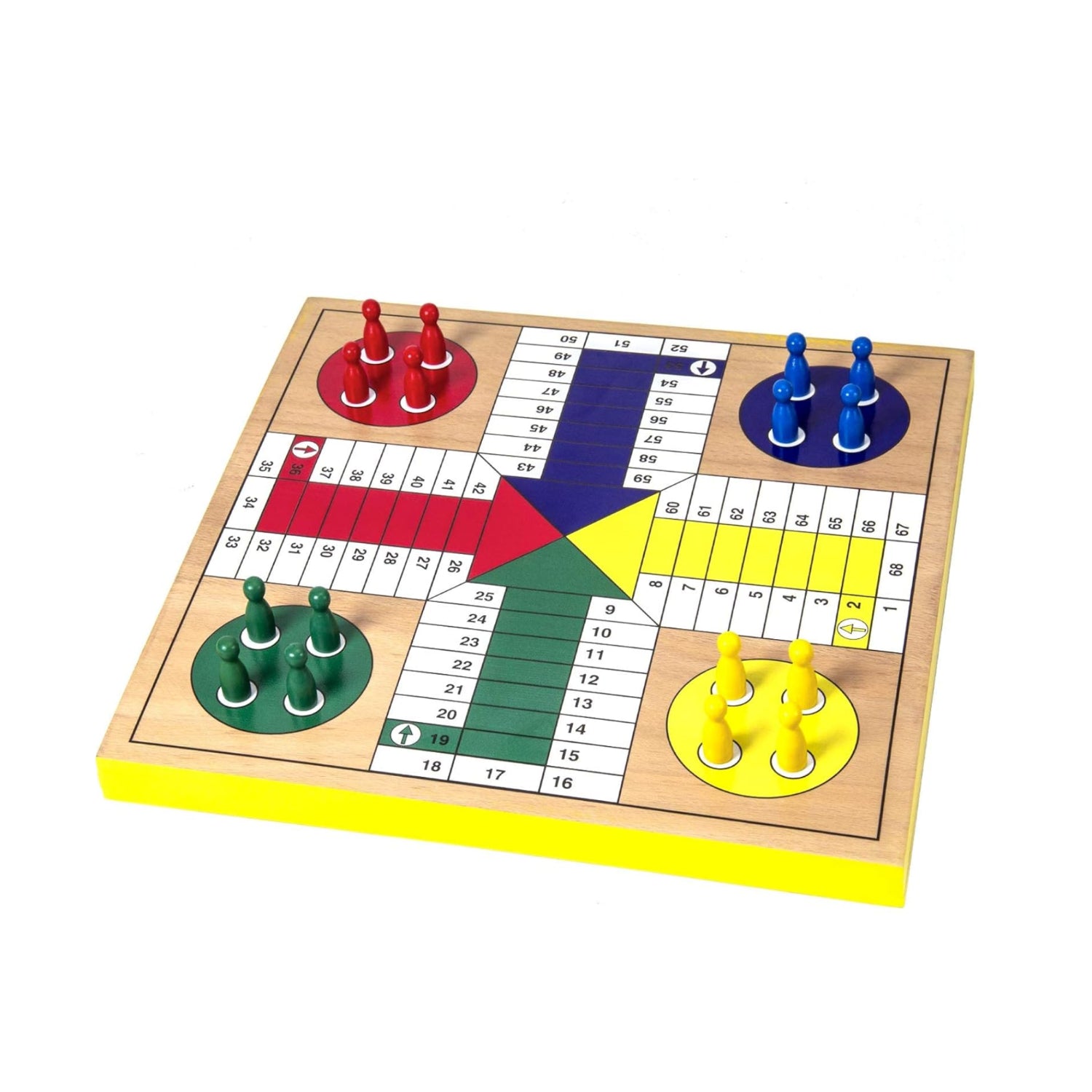 AMEROUS 12-inch wooden Ludo and Snakes and Ladders board game with colorful game pieces on a wooden surface.