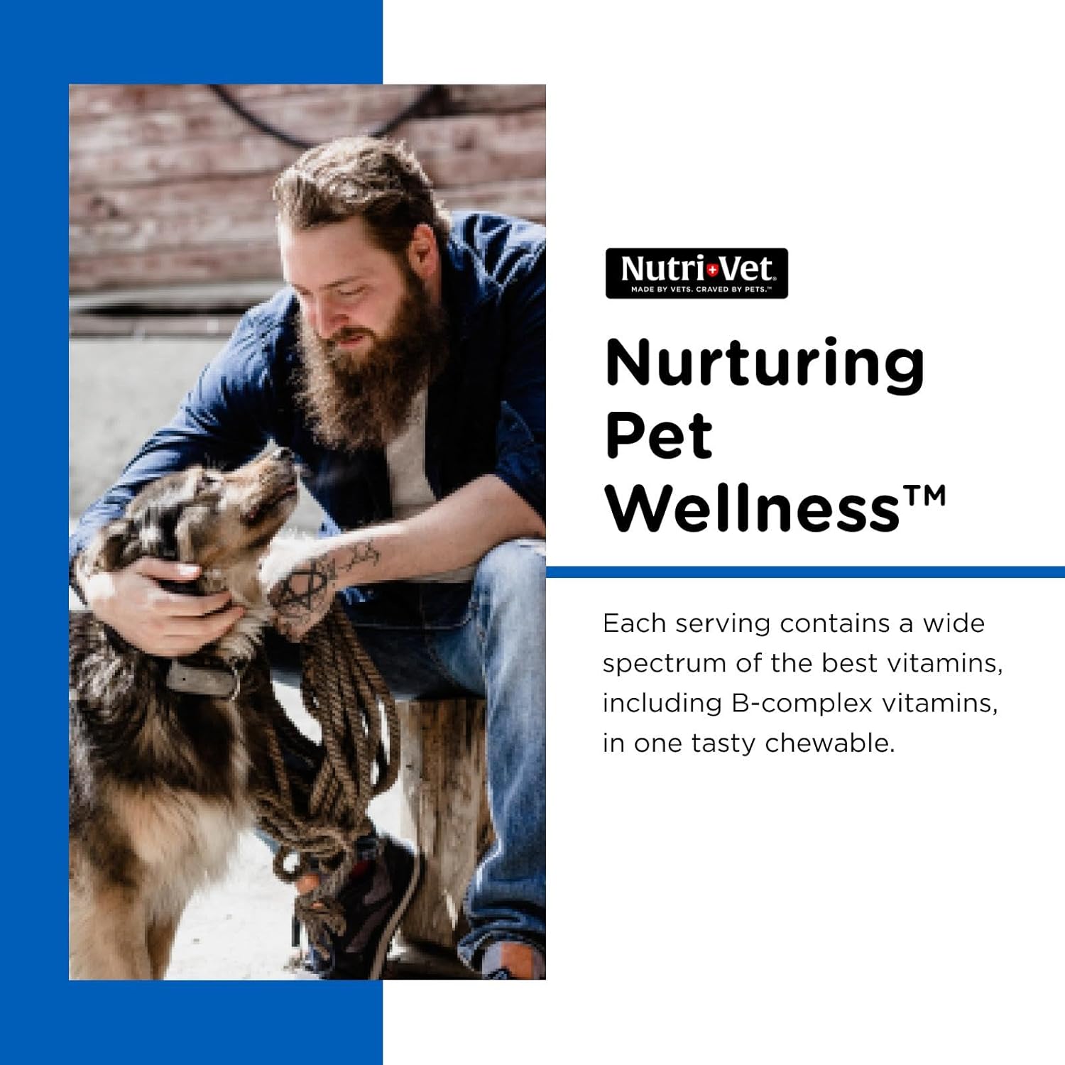 Nutri-Vet Multi-Vite Chewables for adult dogs, daily vitamins in soft chew form, featuring colorful tablets on a white background.