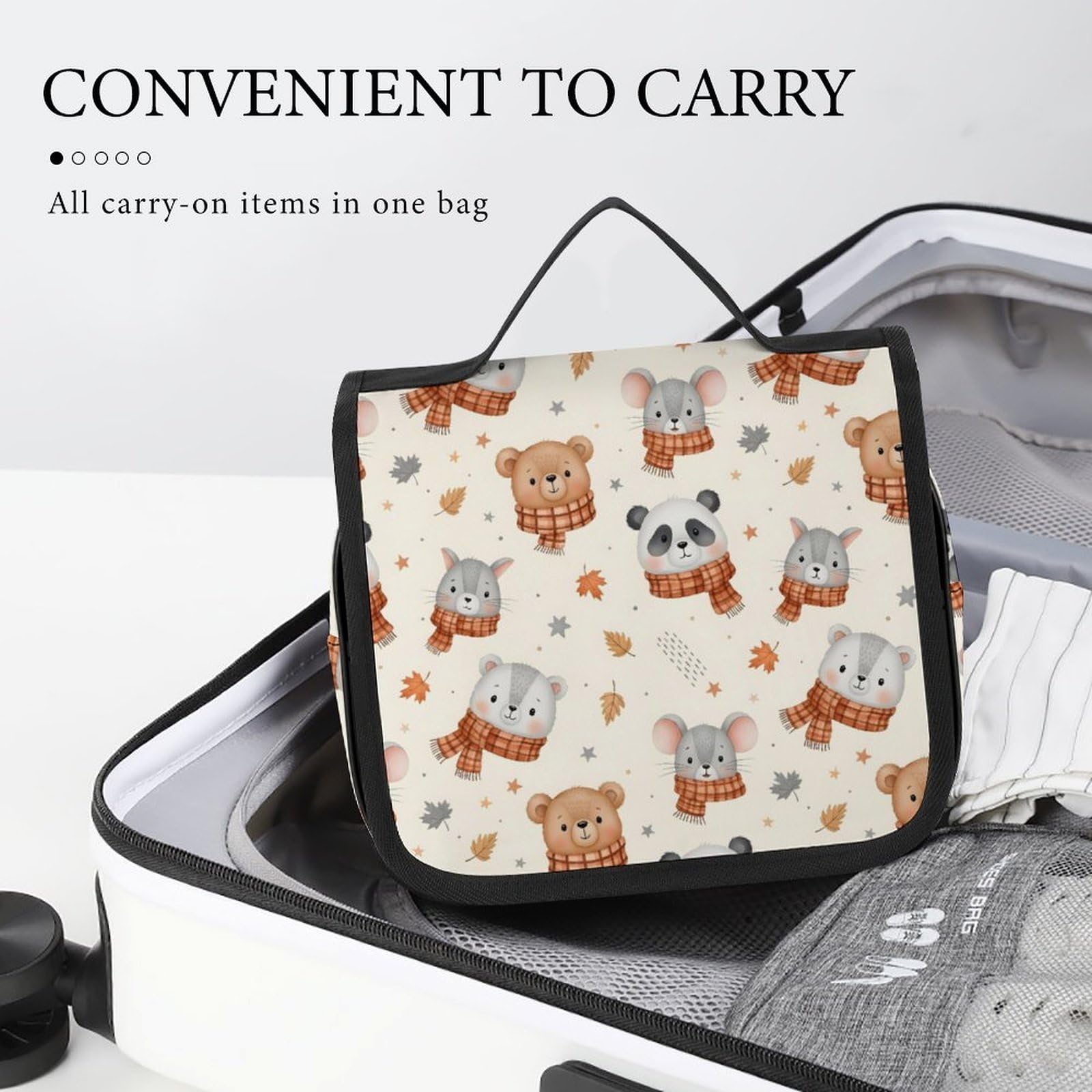 LSBJBBHDCB cute cartoon panda makeup bag with scarf, hanging toiletry organizer, sturdy hook, ideal for travel and cosmetics.