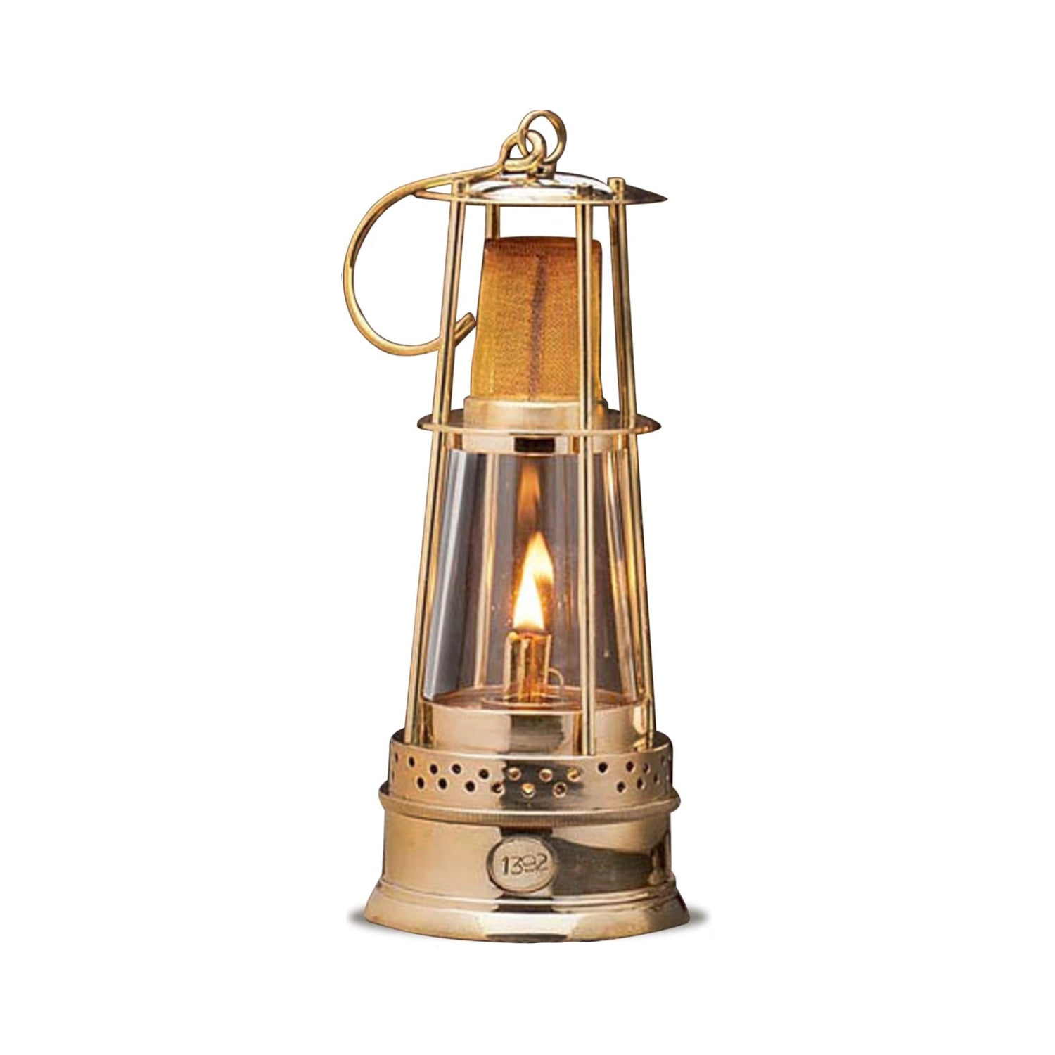 10-inch brass miner's oil lamp with glass chimney, vintage style, suitable for decorative or functional lighting.