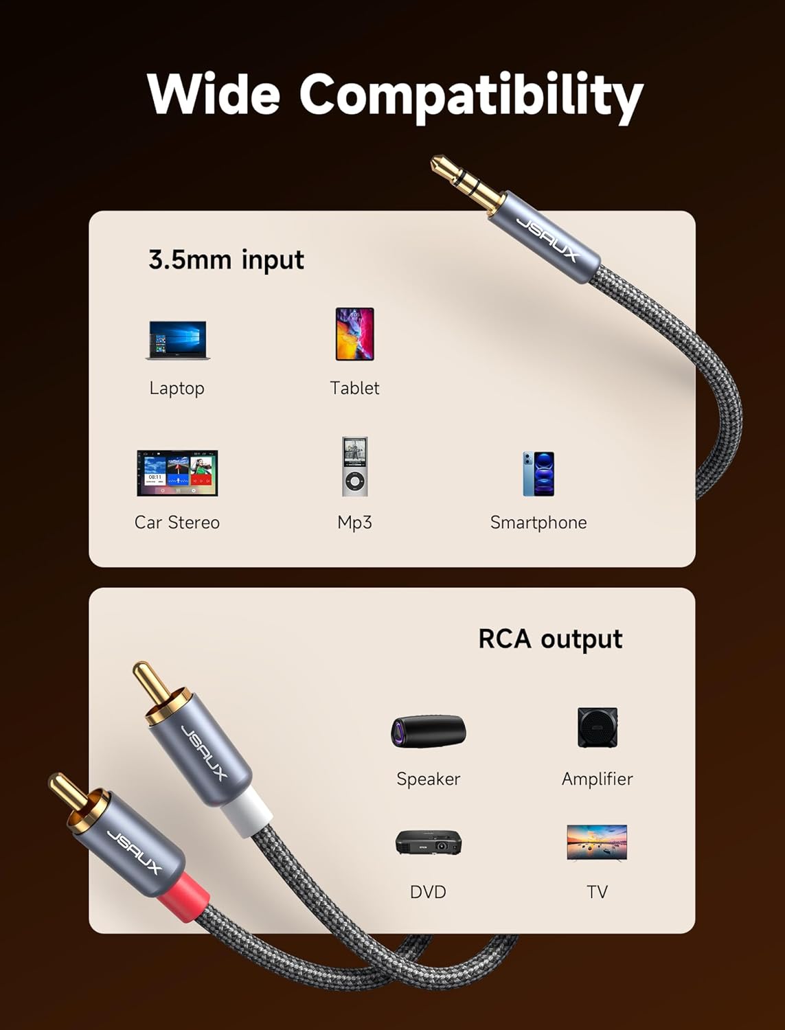 JSAUX RCA to 3.5mm audio cable, 6.6ft length, male to male jack for connecting headphones or audio devices.