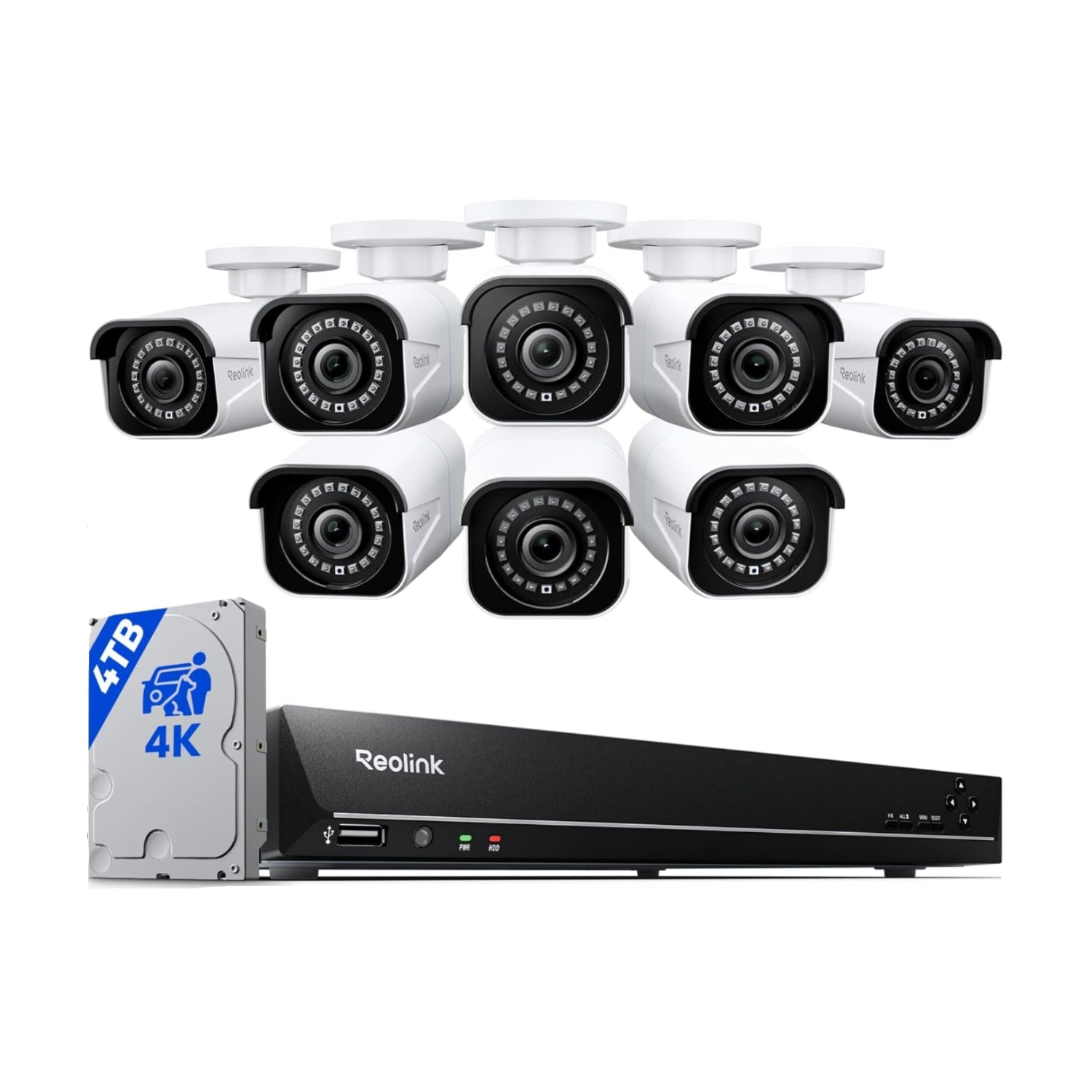 REOLINK 4K security camera system with 8 PoE wired cameras, RLK16-800B8 model, featuring H.265 video compression.