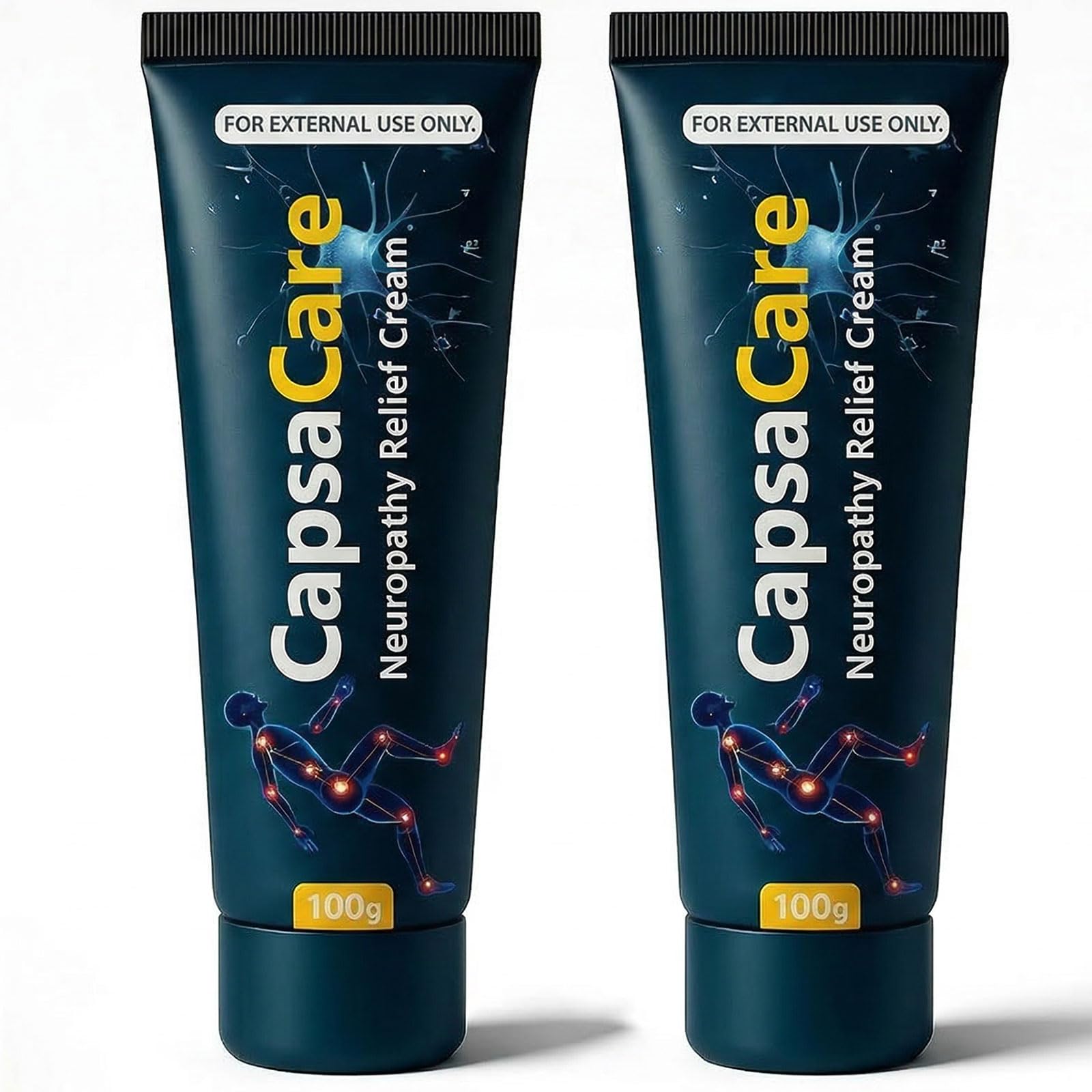 Shwfhi Capsacare neuropathy relief cream applied to hands, feet, and joints, showing a soothing skincare product in a tube.