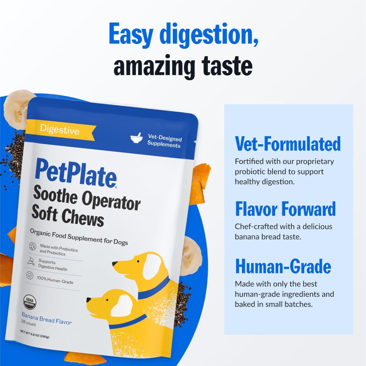 Elefair PetPlate Soothe Operater Digestive Soft Chews for Dogs with prebiotics and probiotics, shown in a close-up image.