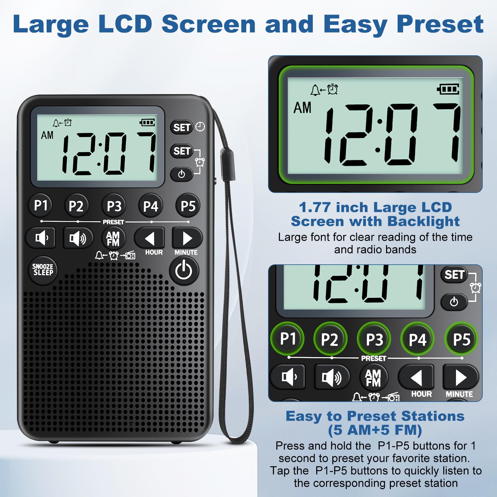 Portable AM/FM Radio | Alarm Clock, Sleep Timer & LCD
