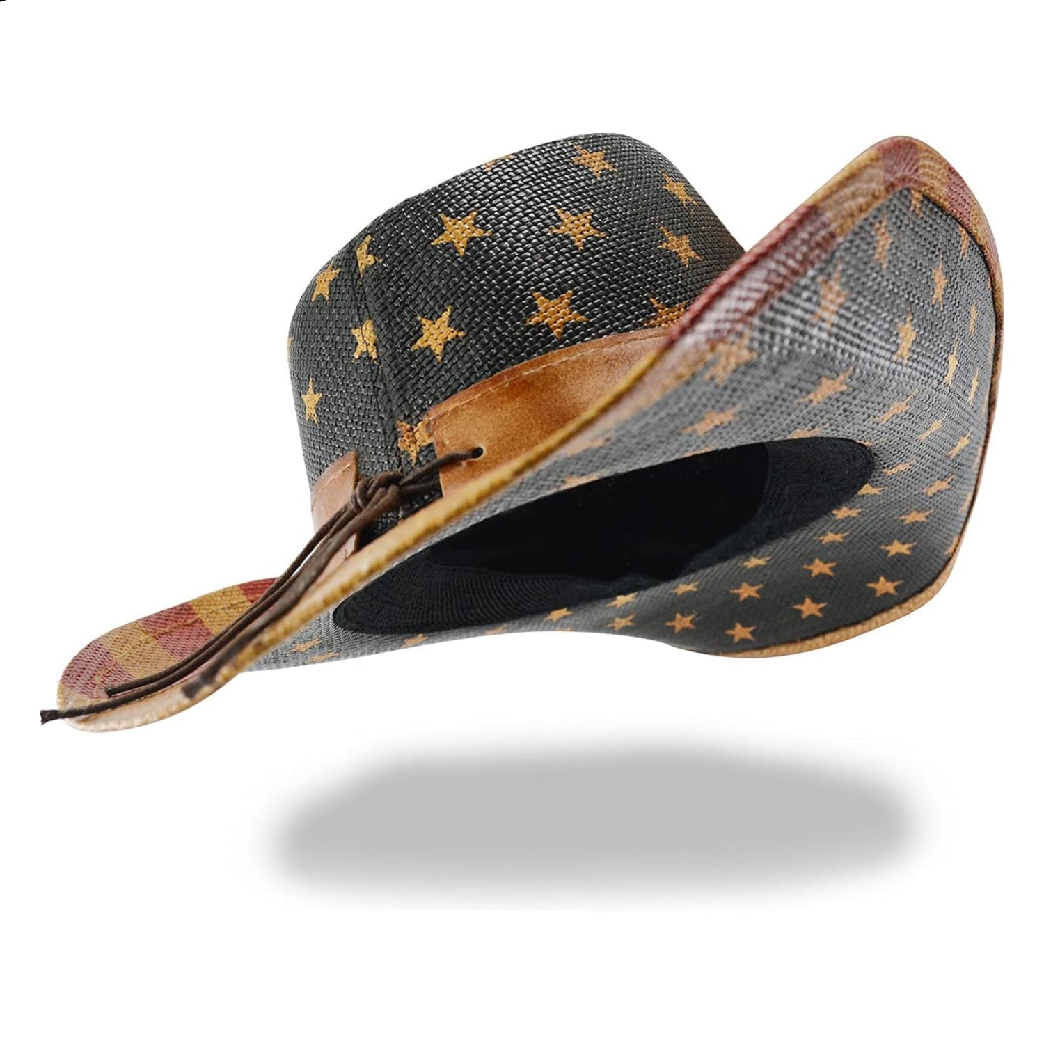 FLUFFY SENSE vintage American flag cowboy hat with tea-stained finish, shapable brim, Western cowgirl style, patriotic accessory