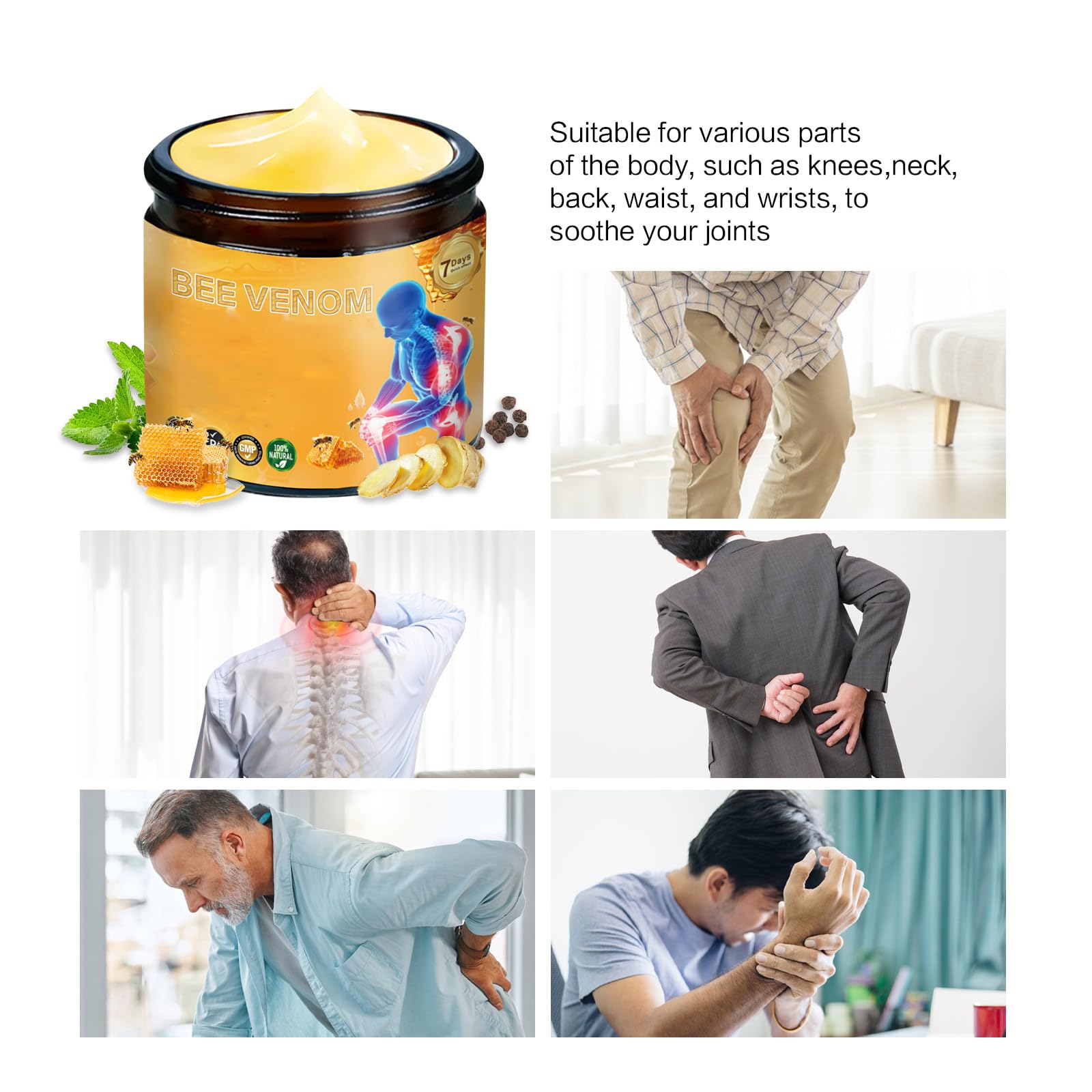 ZXZTSM Bee Venom Joint Relief Cream for knees, neck, and back showing the cream tube and application areas.