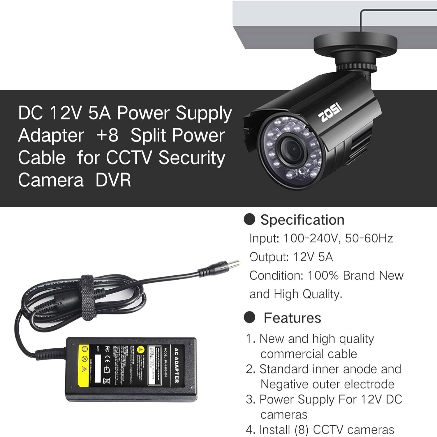 Fancy Buying 12V 5A security camera power adapter, AC to DC 8-way splitter for multiple cameras, compatible with 100V-240V outlets.