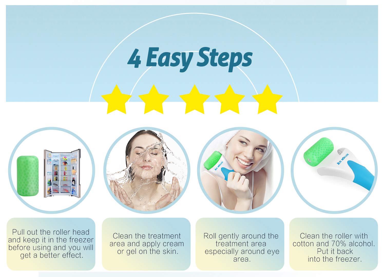 ESARORA Ice Roller Face and Eye Massager for puffiness and pain relief, shown with the roller and applicator in a close-up shot.