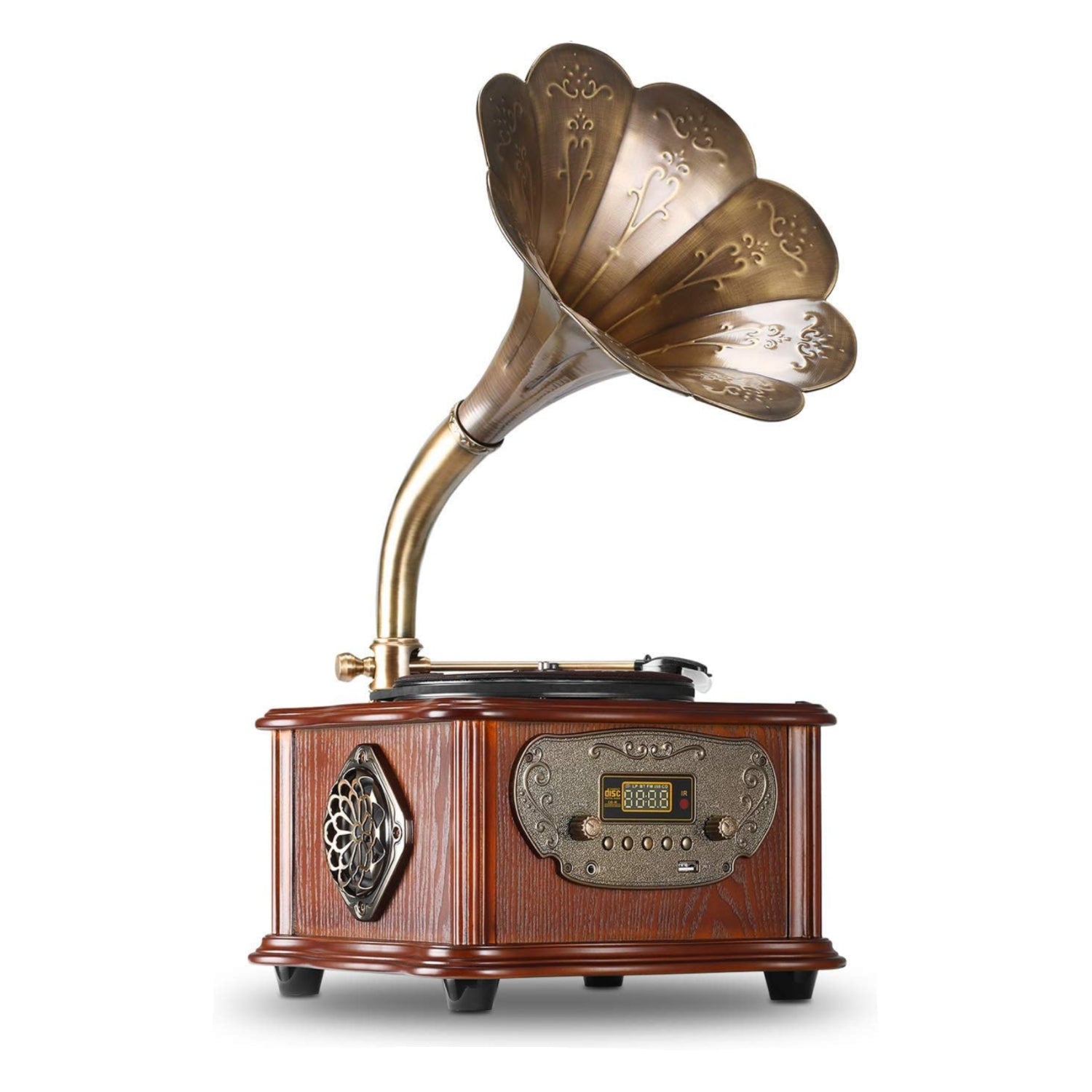 LuguLake vintage record player with retro turntable, all-in-one design, nostalgic gramophone style and wooden finish.
