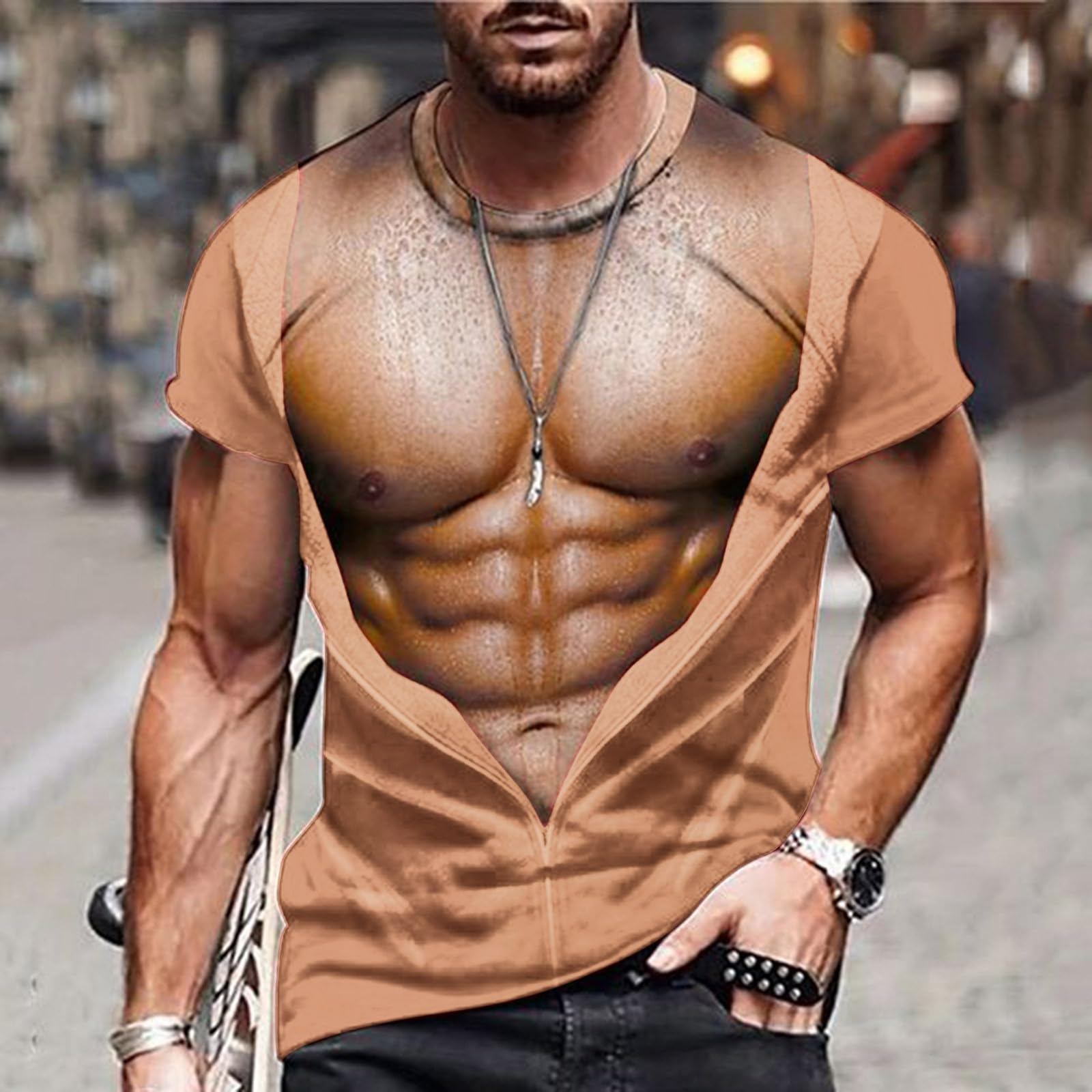 Hairy Chest Shirt for Men Funny T Shirts 3D Print Fake Abs T Shirts Me - View 2