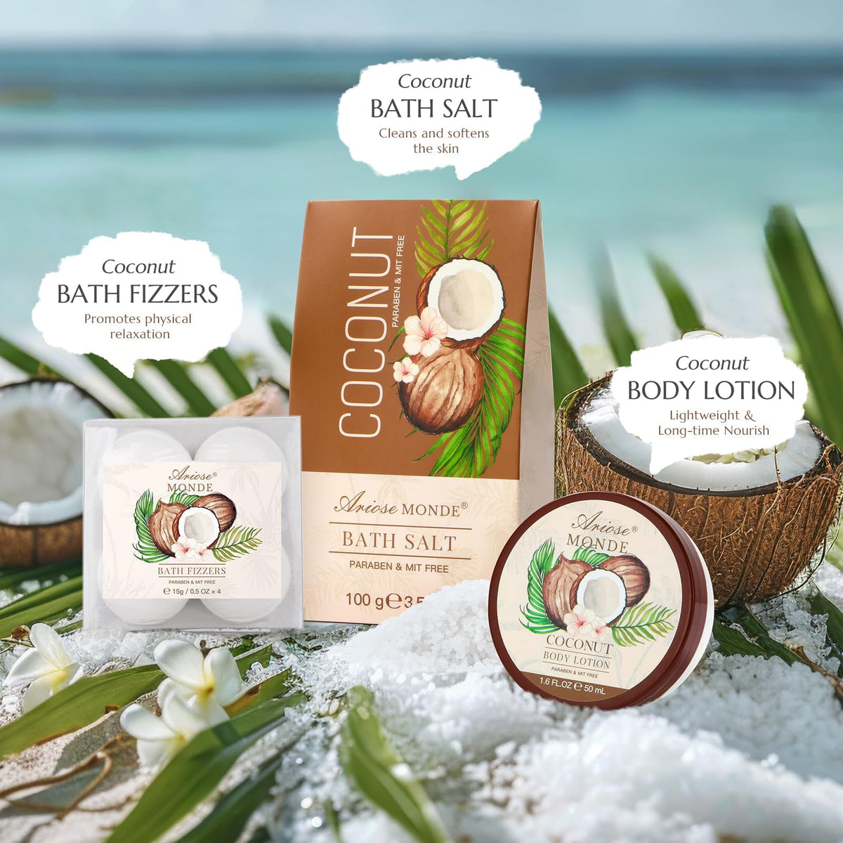 Gift Baskets for Women 9pcs Coconut Bath Set Spa Self Care - ArioseMonde Official Imagery - 4