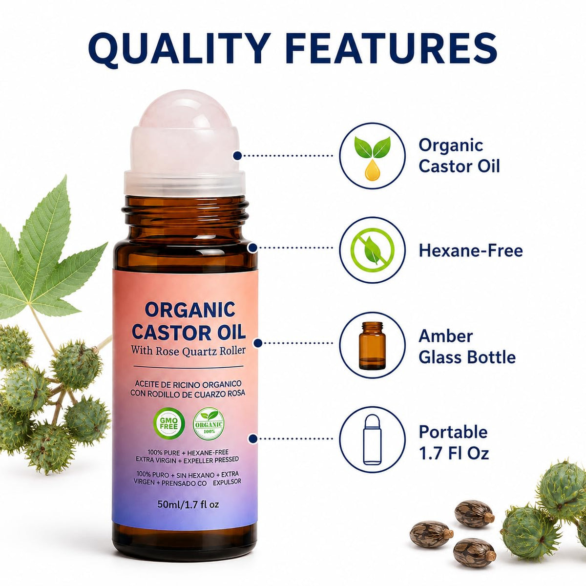 Organic Castor Oil Rose Cold Pressed With Rose Quartz Roller - LFuTPm Official Imagery - 6