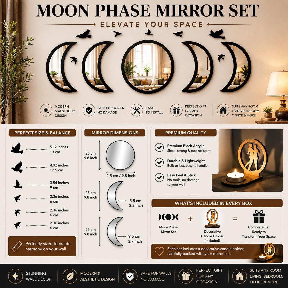 NESHE Moon Phase Mirror Wall Decor Set with Birds - NESHE Official Imagery - 6
