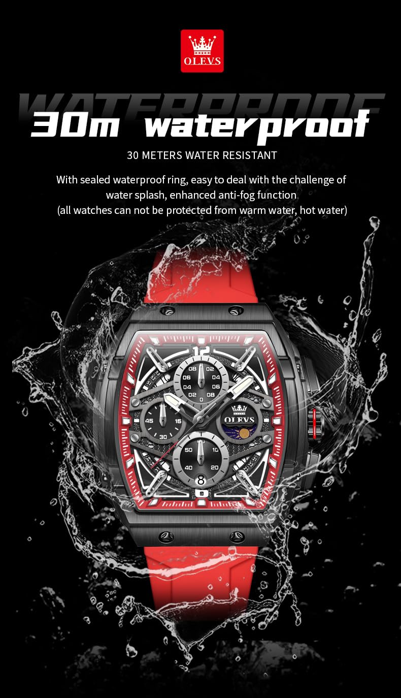 OLEVS Men's Square Chronograph Watch – Red Silicone